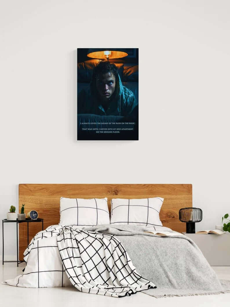 A person with wet hair, drenched in a hoodie, sits under a dim lamp with a fearful expression. Text at the bottom reads, "I always loved the sound of the rain on the roof. That was until I moved into my new apartment on the ground floor." This haunting moment is captured perfectly in Printify's "Dreadful Drizzle: Atmospheric Fear Poster Wall Art with Shocking 2-Sentence Horror Story.