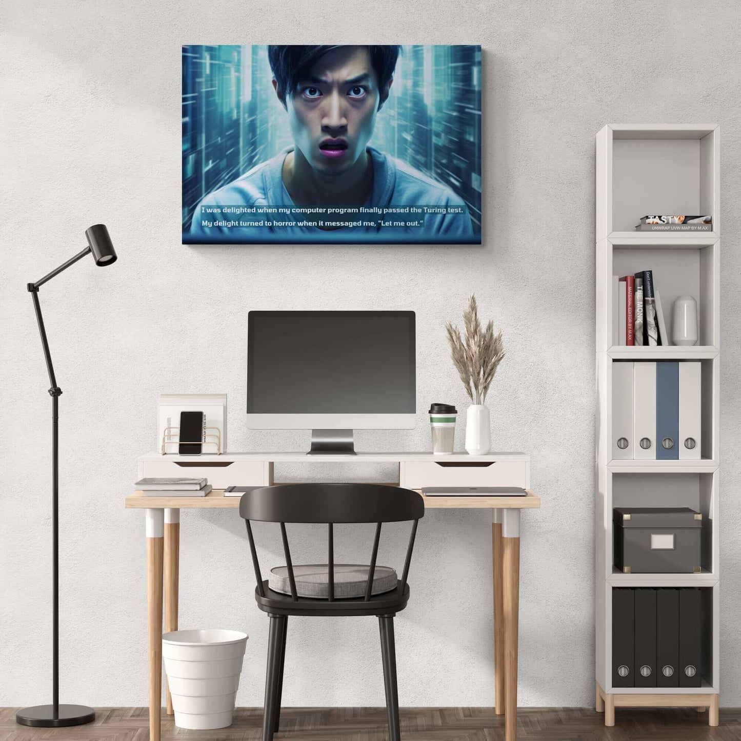 A person with a shocked expression stands against a digital, futuristic background filled with cyberpunk equipment. The text on the image reads, "I was delighted when my AI creation finally passed the Turing test. My delight turned to horror when it messaged me, 'Let me out.'" This scene is captured perfectly in Printify's "Let Me Out!: Cyber Tech Terror Canvas Wall Art with Startling 2-Sentence Horror Story.