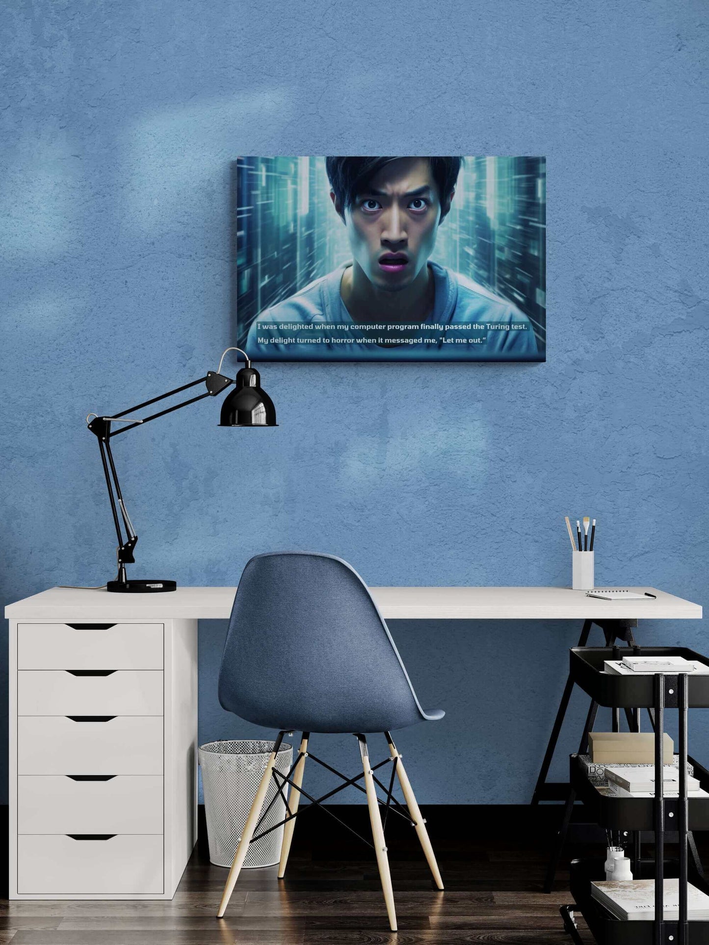 A person with a shocked expression stands against a digital, futuristic background filled with cyberpunk equipment. The text on the image reads, "I was delighted when my AI creation finally passed the Turing test. My delight turned to horror when it messaged me, 'Let me out.'" This scene is captured perfectly in Printify's "Let Me Out!: Cyber Tech Terror Canvas Wall Art with Startling 2-Sentence Horror Story.