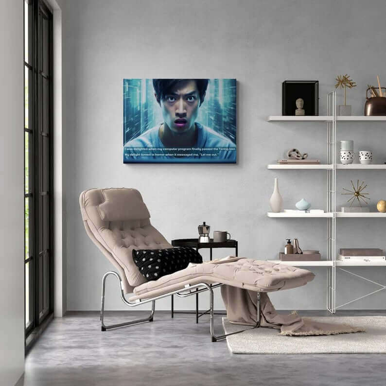 A person with a shocked expression stands against a digital, futuristic background filled with cyberpunk equipment. The text on the image reads, "I was delighted when my AI creation finally passed the Turing test. My delight turned to horror when it messaged me, 'Let me out.'" This scene is captured perfectly in Printify's "Let Me Out!: Cyber Tech Terror Canvas Wall Art with Startling 2-Sentence Horror Story.