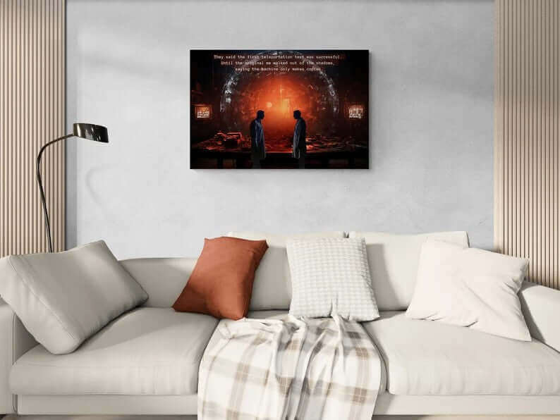 Product Data: Quantum Quandary: Riveting Sci-fi Horror Poster Wall Art with Sinister 2-Sentence Story by Printify
Two individuals in lab coats stand facing each other in a dimly lit laboratory filled with equipment. Behind them is a large, glowing circular structure. Text above reads: "They said the first teleportation experiment was successful. Until the original me walked out of the shadows, saying the machine only makes copies.
