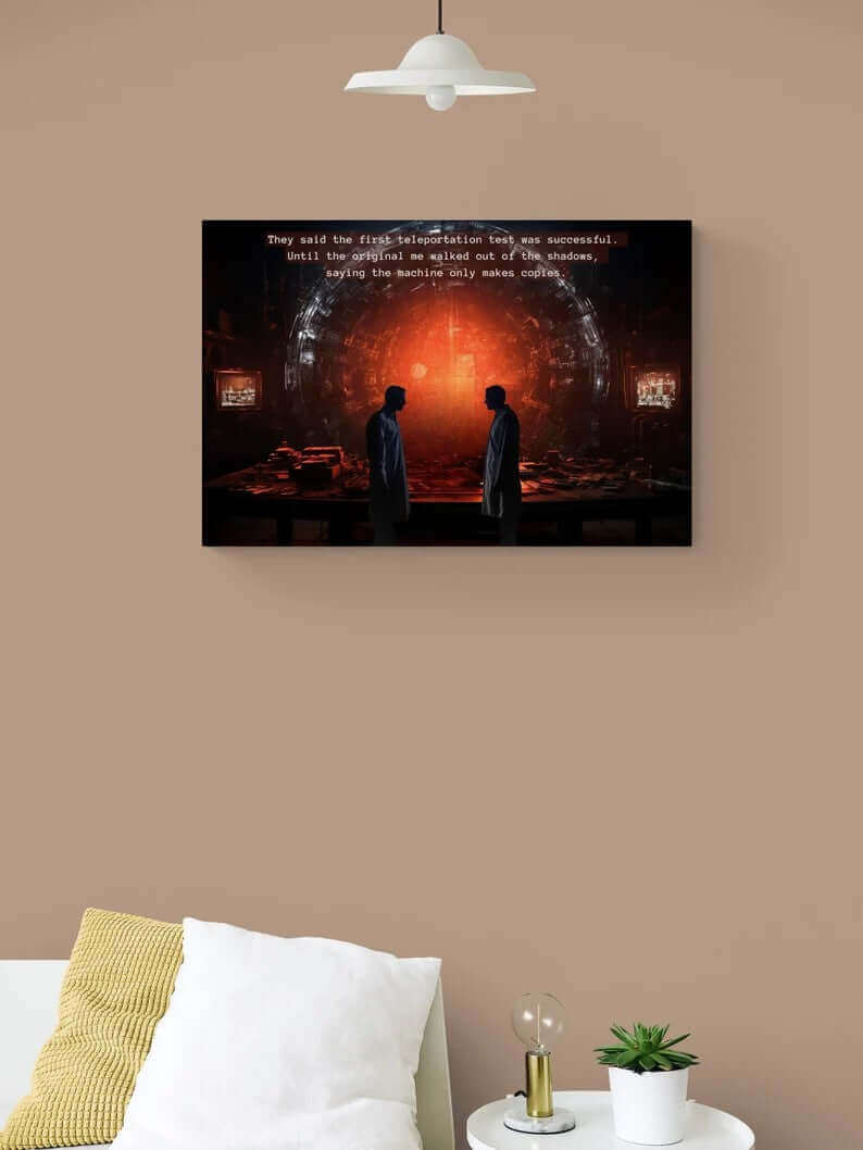 Product Data: Quantum Quandary: Riveting Sci-fi Horror Poster Wall Art with Sinister 2-Sentence Story by Printify
Two individuals in lab coats stand facing each other in a dimly lit laboratory filled with equipment. Behind them is a large, glowing circular structure. Text above reads: "They said the first teleportation experiment was successful. Until the original me walked out of the shadows, saying the machine only makes copies.