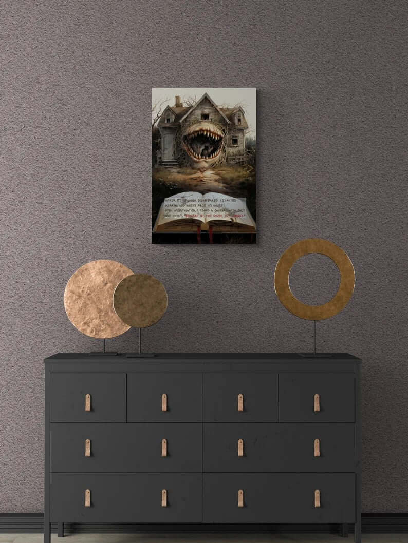 Illustration titled "The House Hungers: Nightmare Poster Wall Art" by Printify, depicting a haunted house with a monstrous mouth for an entrance, baring sharp teeth. In the foreground lies an open journal with the chilling text: "After my neighbor disappeared, I started hearing odd noises from his house; Beware of the house. It's hungry." A surrealistic artwork that perfectly encapsulates a spine-tingling horror story.