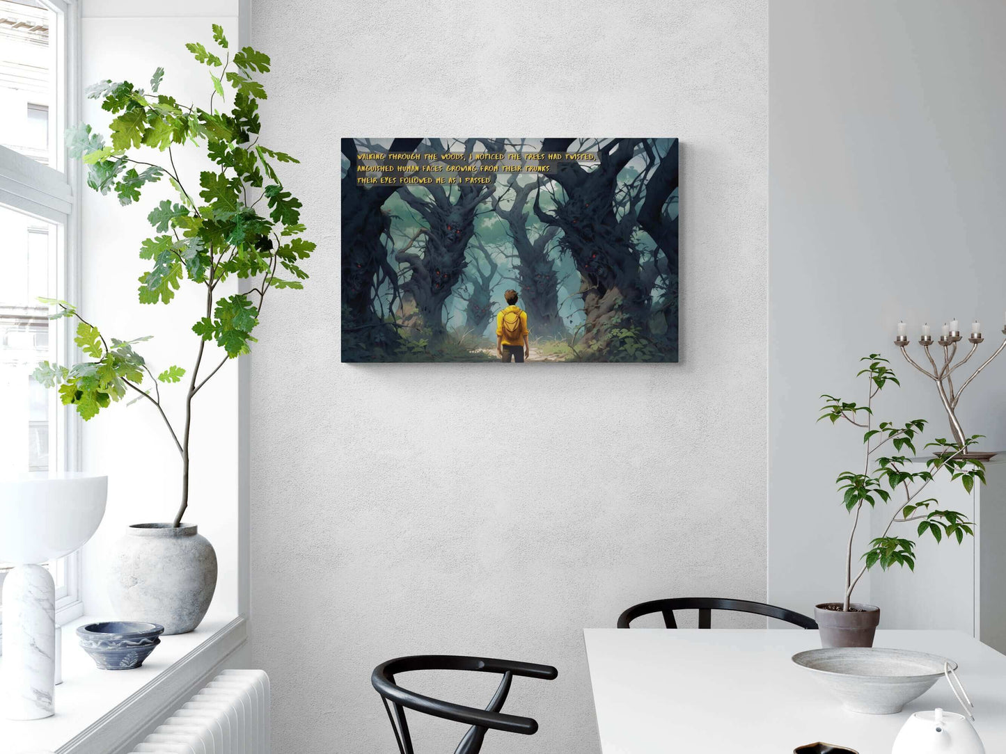 A person with a yellow backpack walks through a forest where twisted, human-like faces with glowing red eyes emerge from tree trunks. Text overlays the image, reading: "Walking through the dark fantasy woods, I noticed the Haunted Forest Watchers had twisted, anguished human faces growing from their trunks. Their eyes followed me as I passed." This chilling scene is captured in the Haunted Forest Watchers: 2-Sentence Horror Story Anime Poster Wall Art by Printify.