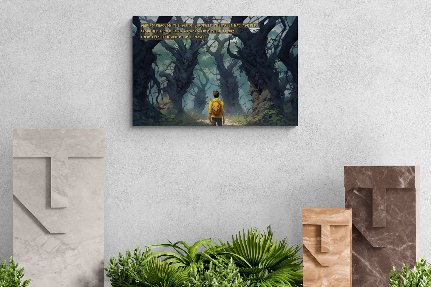 A person with a yellow backpack walks through a forest where twisted, human-like faces with glowing red eyes emerge from tree trunks. Text overlays the image, reading: "Walking through the dark fantasy woods, I noticed the Haunted Forest Watchers had twisted, anguished human faces growing from their trunks. Their eyes followed me as I passed." This chilling scene is captured in the Haunted Forest Watchers: 2-Sentence Horror Story Anime Poster Wall Art by Printify.