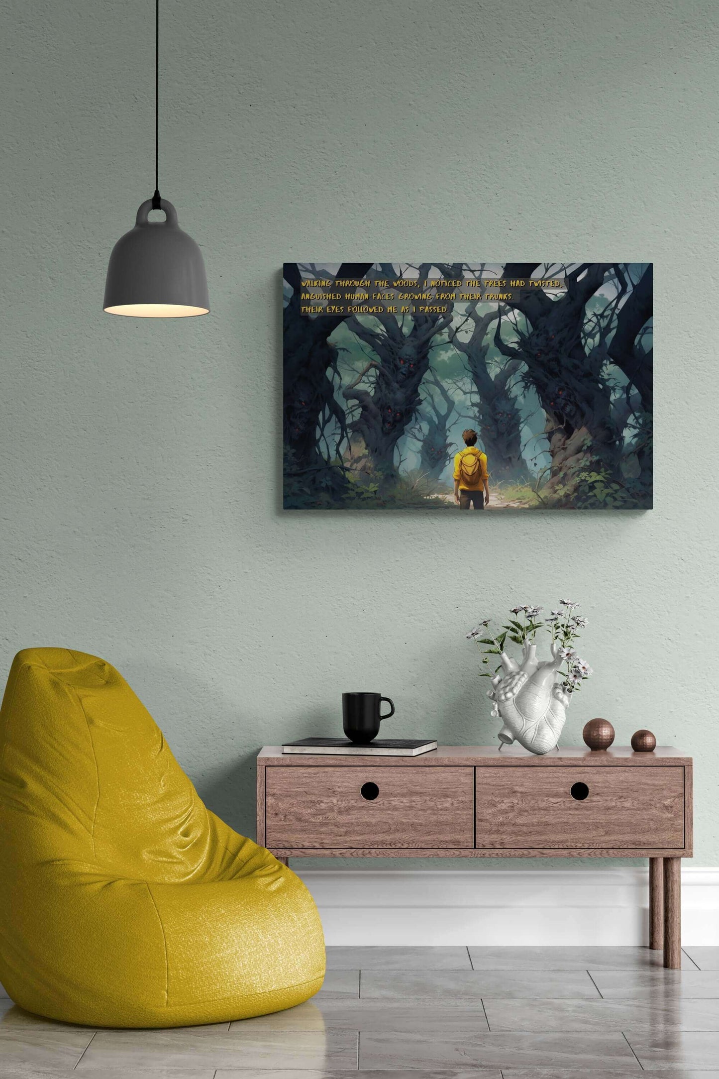 A person with a yellow backpack walks through a forest where twisted, human-like faces with glowing red eyes emerge from tree trunks. Text overlays the image, reading: "Walking through the dark fantasy woods, I noticed the Haunted Forest Watchers had twisted, anguished human faces growing from their trunks. Their eyes followed me as I passed." This chilling scene is captured in the Haunted Forest Watchers: 2-Sentence Horror Story Anime Poster Wall Art by Printify.