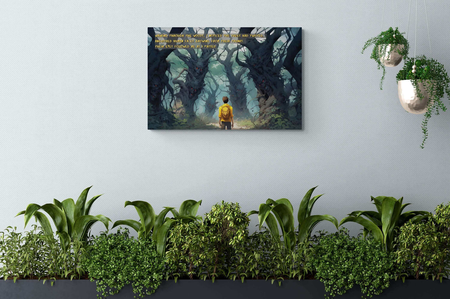 A person with a yellow backpack walks through a forest where twisted, human-like faces with glowing red eyes emerge from tree trunks. Text overlays the image, reading: "Walking through the dark fantasy woods, I noticed the Haunted Forest Watchers had twisted, anguished human faces growing from their trunks. Their eyes followed me as I passed." This chilling scene is captured in the Haunted Forest Watchers: 2-Sentence Horror Story Anime Poster Wall Art by Printify.