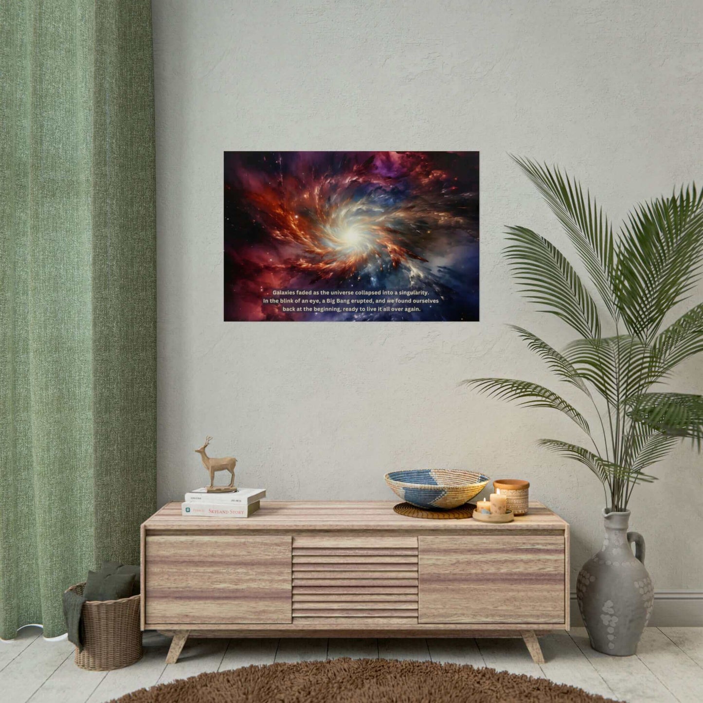 The Printify Cosmic Renaissance: Space Rebirth Wall Art Poster with Intriguing 2-Sentence Story features a swirling galaxy with vibrant colors of red, orange, blue, and white. At the center is a bright light, with text below reading: "Galaxies faded as the universe collapsed into a singularity. In the blink of an eye, a Big Bang erupted, and we found ourselves back at the beginning." Available on fine art photo paper.