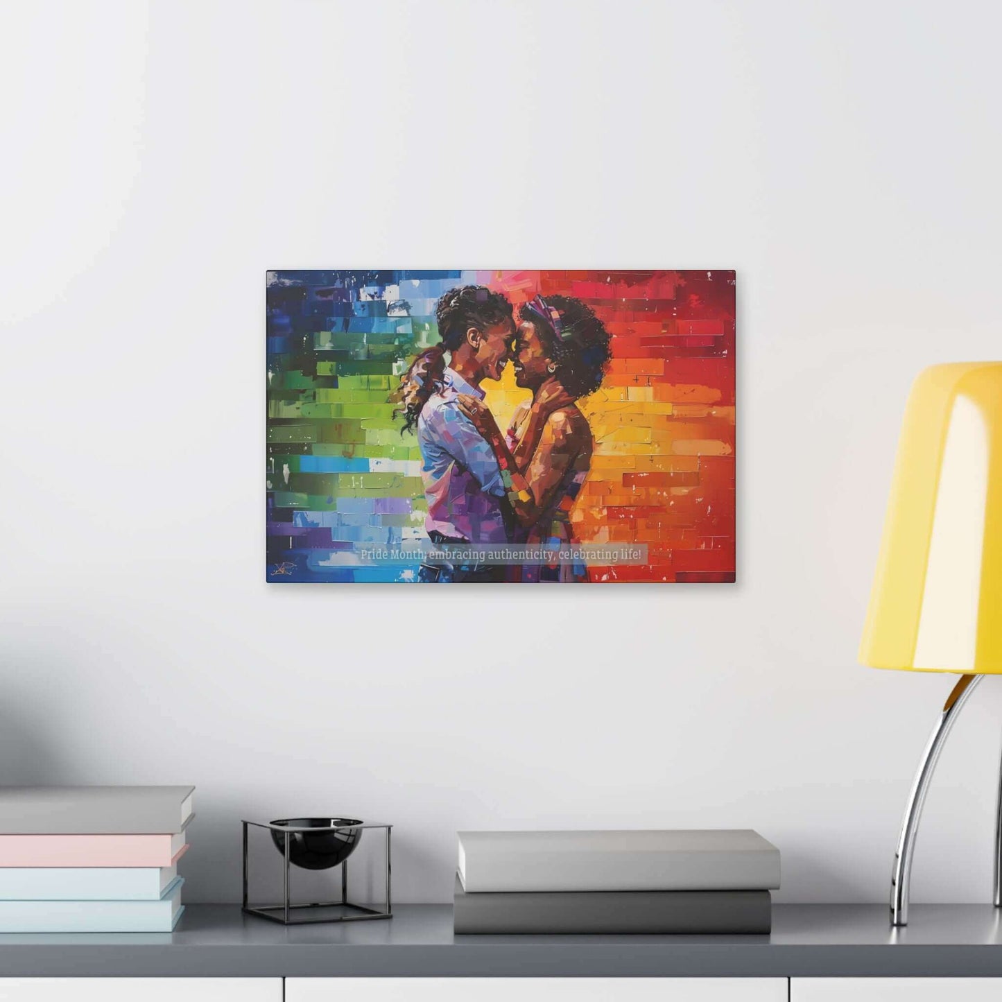The Exuberant Gay Pride Canvas Wall Art by Printify depicts a romantic embrace between two women standing closely with their foreheads touching. The background features a vibrant rainbow of colors, symbolizing LGBTQ+ pride. Below them, the text reads "Pride Month: embracing authenticity, celebrating life within the LGBTQ+ community.