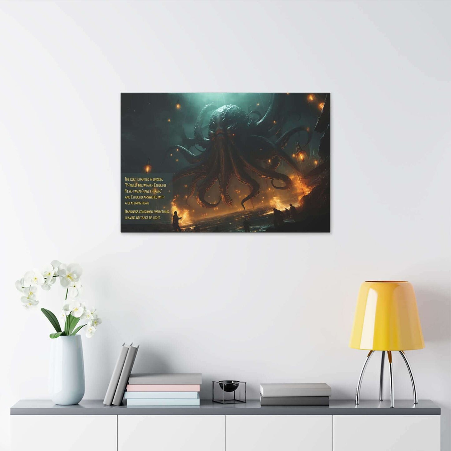 The Mesmerizing Cthulhu Canvas Wall Art by Printify illustrates a monstrous sea creature with tentacles rising from dark waters beneath glowing lanterns. Beside the creature, text reads: "The cult chanted in unison, 'Ph’nglui mglw’nafh Cthulhu R’lyeh wgah’nagl fhtagn.'" Inspired by a Lovecraftian 2-Sentence Story, Cthulhu's Awakening plunges all into cosmic horror.