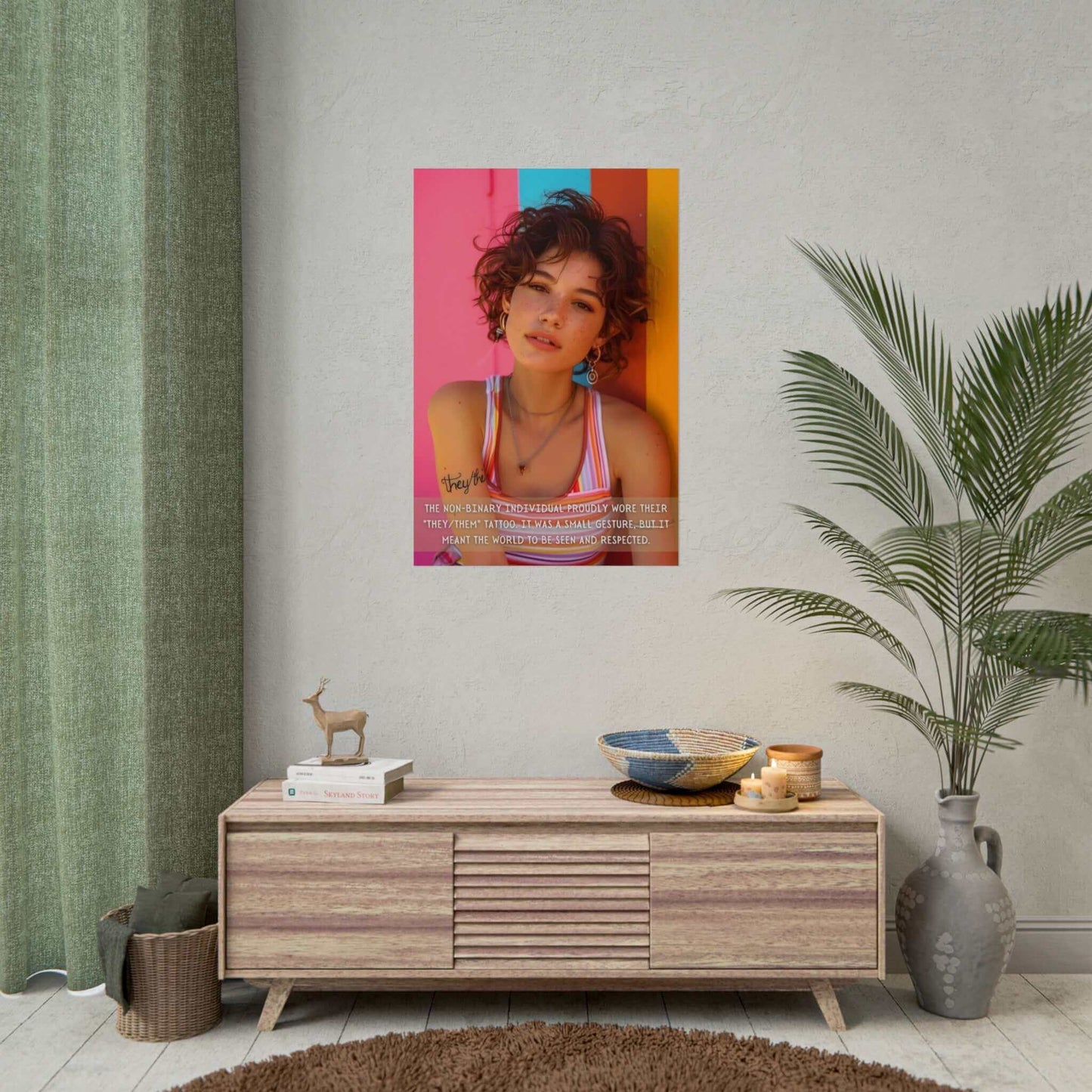 A person with short, curly hair and freckles stands against a multicolored wall, wearing a striped tank top and jewelry. They have a tattoo on their arm that reads "they/them." Text on the image reads: "The non-binary individual proudly displayed their 'They/Them' tattoo. It was a small gesture, but it meant the world for their self-expression to be seen." Featured in the scene is Printify's "They/Them: Bold Gay Pride Poster Wall Art, Inspired by Meaningful 2-Sentence Story | PR-2S-007p."