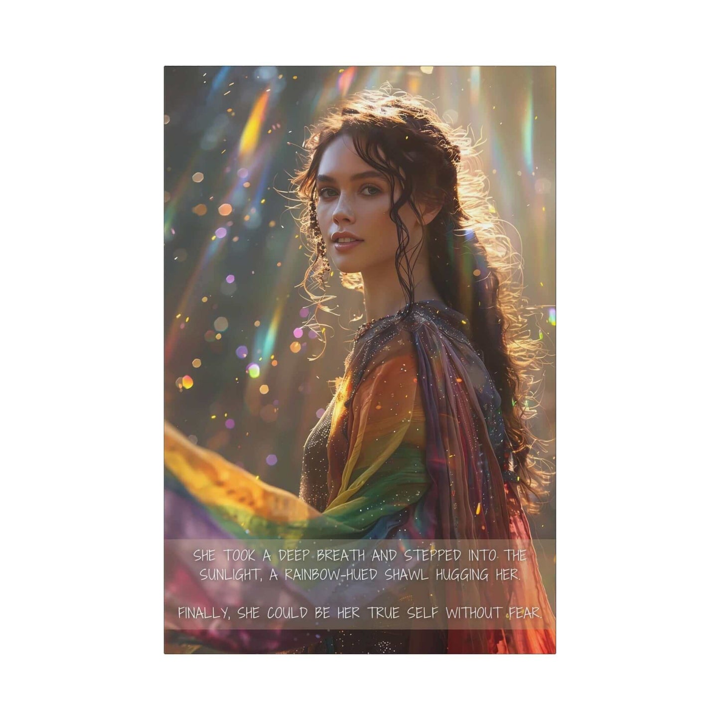 A woman stands outdoors in the sunlight, draped in a rainbow-colored shawl. Colorful light reflections surround her. Text on the image reads, "She took a deep breath and stepped into the sunlight, a rainbow-hued shawl hugging her True Colors." Finally, she could embrace self-expression without fear.
Product Data:
Product Name: True Colors: Radiant Gay Pride Canvas Wall Art | PR-2S-002c
Brand Name: Printify