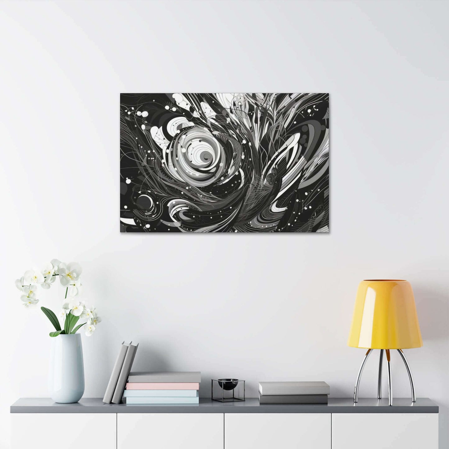 Vortex of Silence: Intricate Black & White Swirling Abstract Canvas Wall Art by Printify features swirling patterns, intricate detailing, curved lines, circles, and organic shapes, creating a sense of dynamic movement and depth.