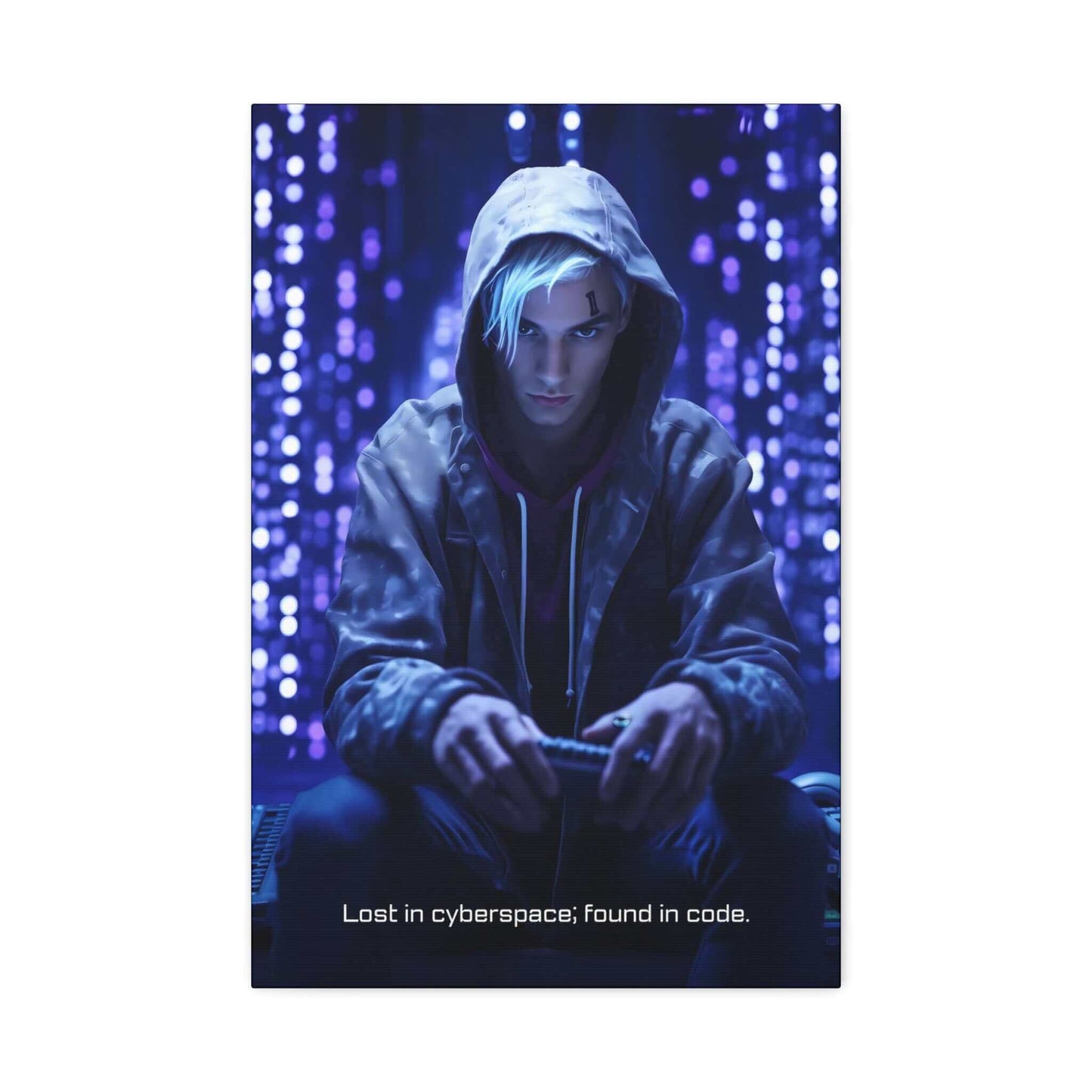 A person in a hoodie sits against a backdrop of blue and purple illuminated code, evoking cyberpunk artwork. They have light blue hair and are intensely focused on a small device they are holding. The text at the bottom reads: "Cyberspace Epiphany: Lost in cyberspace; found in code." This piece is the "Cyberspace Epiphany: Cyberpunk Canvas Wall Art with 6-Word Tech Story" by Printify.