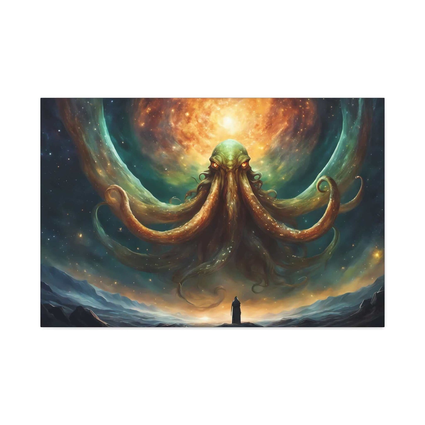 The painting "Cthulhu's Witness: Lovecraftian Night Sky Horror Canvas Wall Art" by Printify portrays a giant, mystical octopus-like creature with glowing eyes, emerging from a swirling cosmic background of vivid oranges and greens. A solitary figure stands atop a mountain, gazing up at the Lovecraftian fantasy being enveloped by a starry sky.