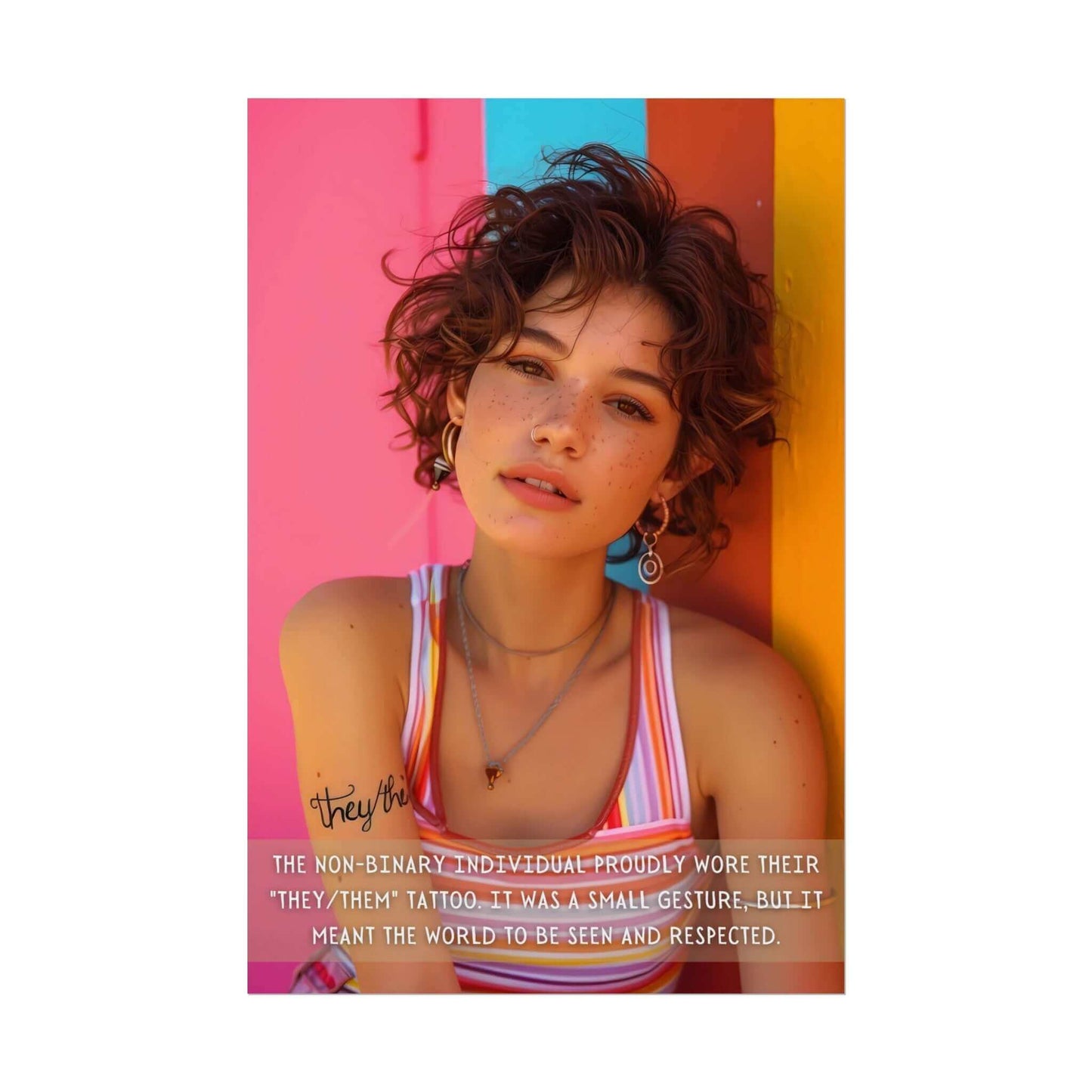 A person with short, curly hair and freckles stands against a multicolored wall, wearing a striped tank top and jewelry. They have a tattoo on their arm that reads "they/them." Text on the image reads: "The non-binary individual proudly displayed their 'They/Them' tattoo. It was a small gesture, but it meant the world for their self-expression to be seen." Featured in the scene is Printify's "They/Them: Bold Gay Pride Poster Wall Art, Inspired by Meaningful 2-Sentence Story | PR-2S-007p."