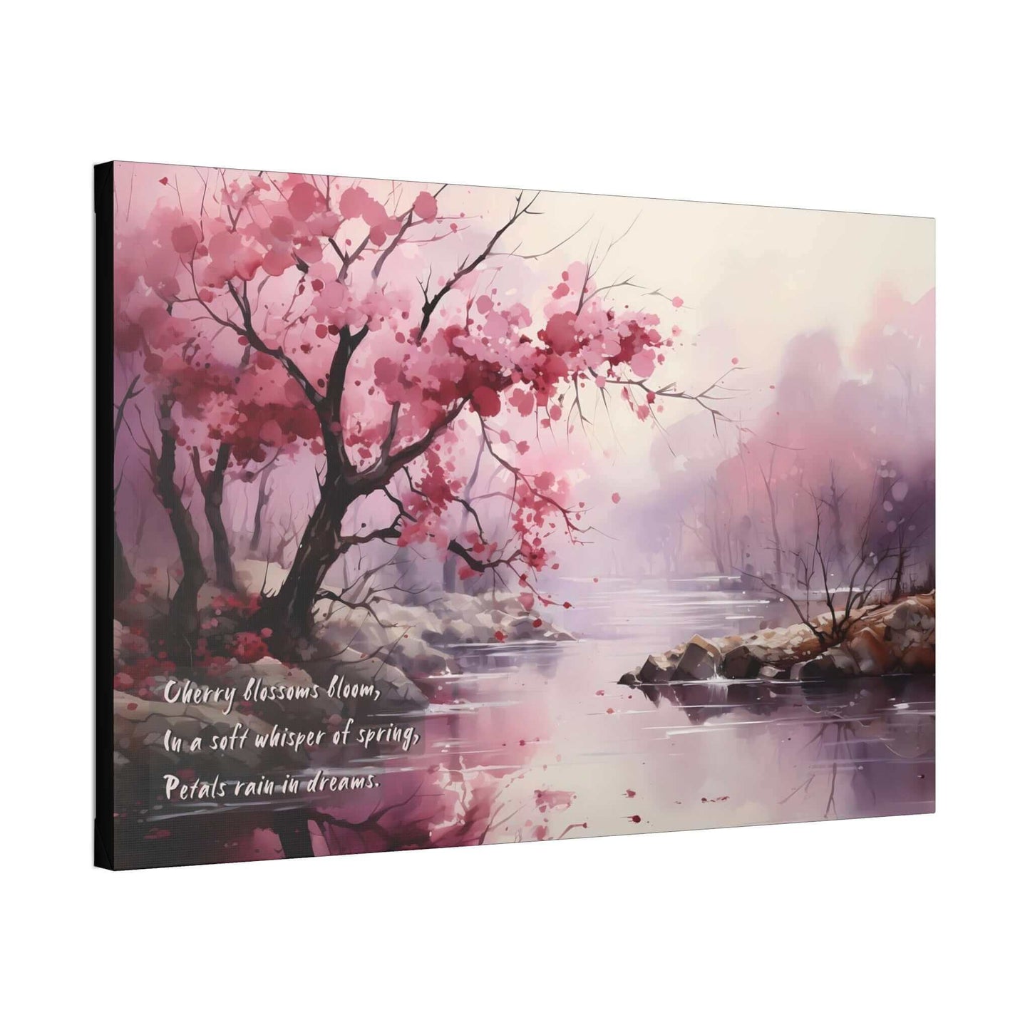Whisper of Spring: Watercolor Cherry Blossom Haiku Inspired Canvas Wall Art