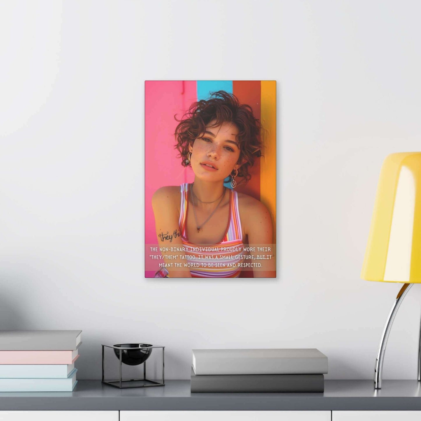 A young person with curly hair, wearing a striped tank top and earrings, stands against a vibrant, colorful wall adorned with the "They/Them: Bold Gay Pride Canvas Wall Art" by Printify. A text overlay reads, "The non-binary individual proudly wore their 'they/them' tattoo. It was a small gesture of self-expression, but it meant the world to be seen and respected.