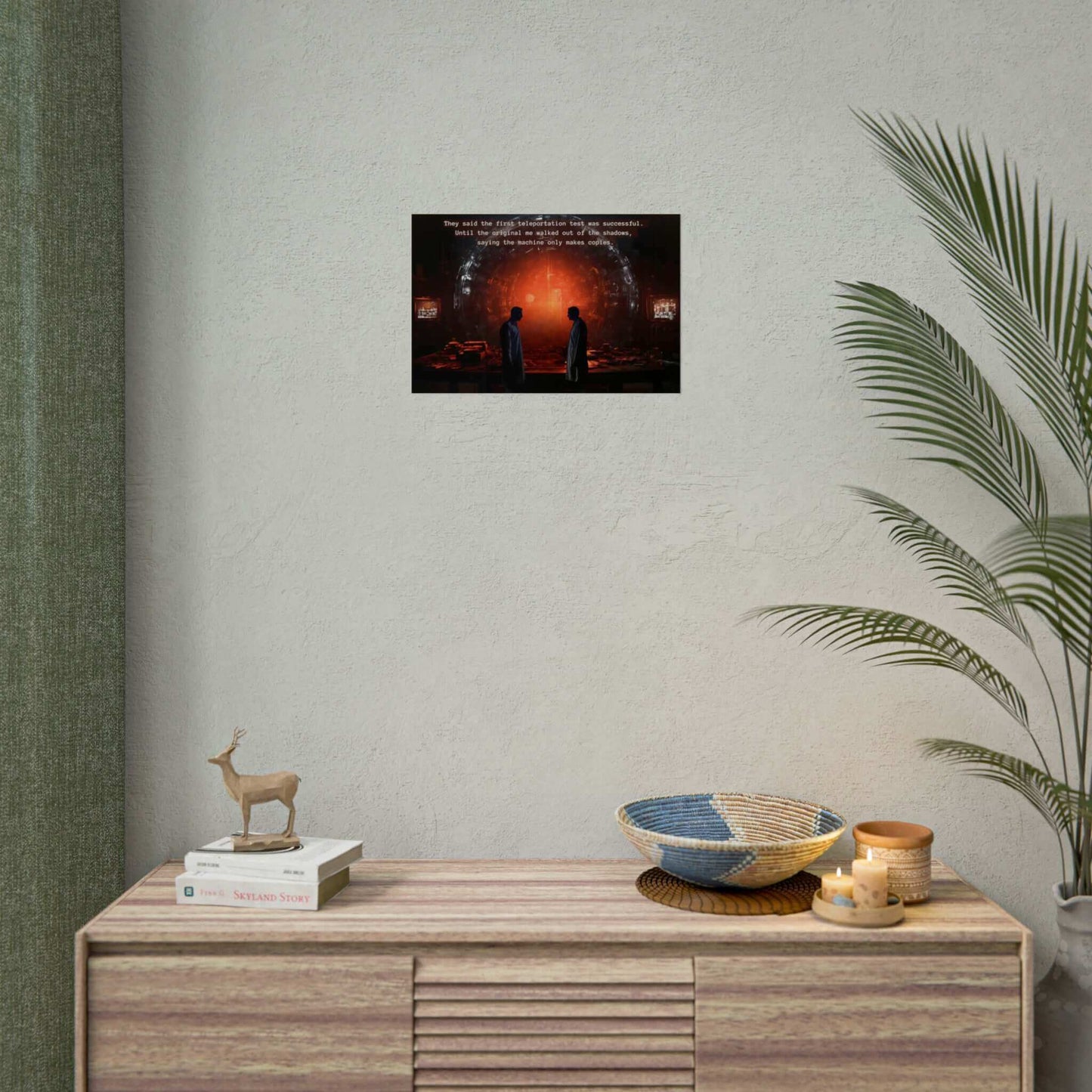 Product Data: Quantum Quandary: Riveting Sci-fi Horror Poster Wall Art with Sinister 2-Sentence Story by Printify
Two individuals in lab coats stand facing each other in a dimly lit laboratory filled with equipment. Behind them is a large, glowing circular structure. Text above reads: "They said the first teleportation experiment was successful. Until the original me walked out of the shadows, saying the machine only makes copies.