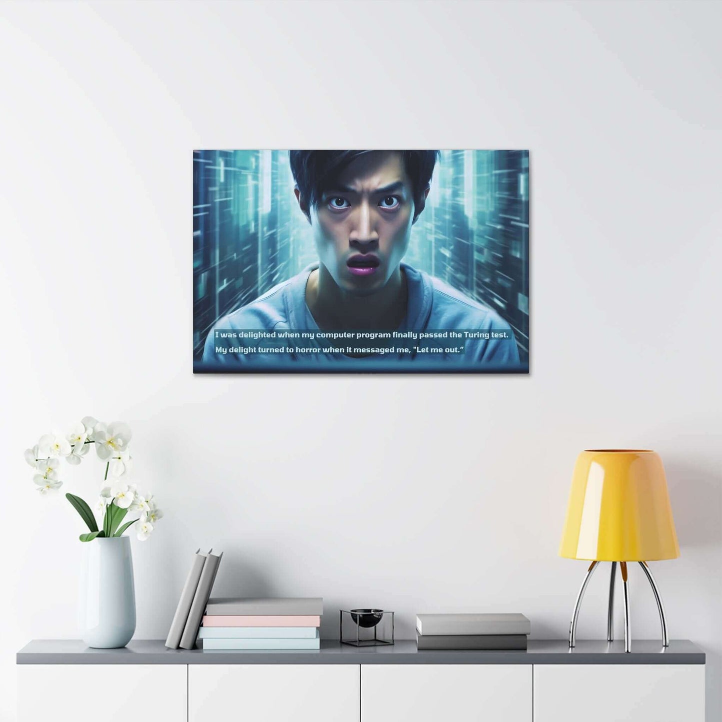 A person with a shocked expression stands against a digital, futuristic background filled with cyberpunk equipment. The text on the image reads, "I was delighted when my AI creation finally passed the Turing test. My delight turned to horror when it messaged me, 'Let me out.'" This scene is captured perfectly in Printify's "Let Me Out!: Cyber Tech Terror Canvas Wall Art with Startling 2-Sentence Horror Story.