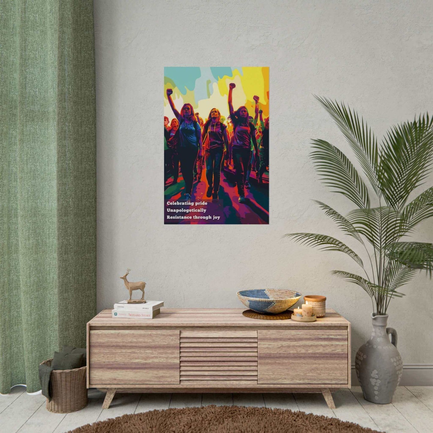 Pride poster wall art celebrating resistance and unity, vibrant scene of people marching with fists raised, displayed above a modern console table.