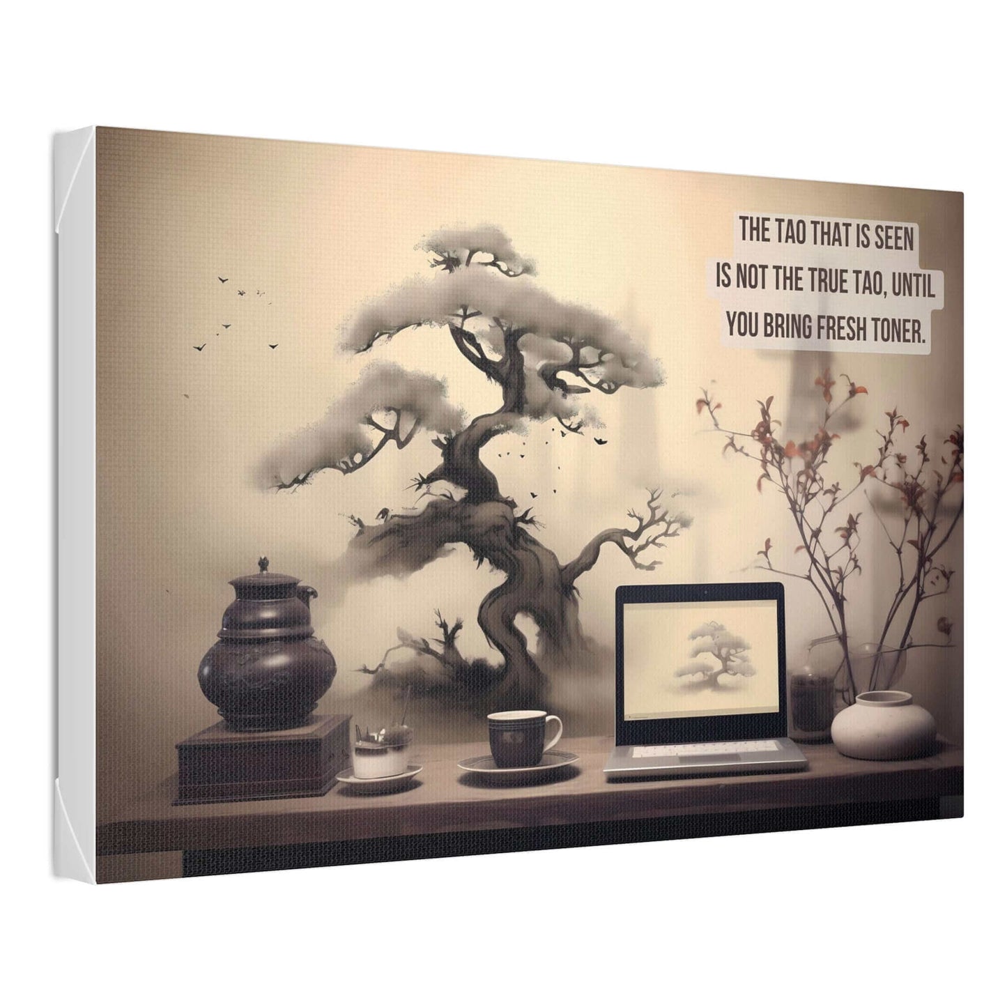A minimalist desk features a laptop displaying an image of a bonsai tree, surrounded by tea sets and vases with branches. Adding a touch of Taoist philosophy to the space is the Asian-Inspired Canvas Wall Art with Bonsai & Clever Haiku from Printify, featuring a poem that reads āThe Tao that is seen is not the true Tao, until you bring fresh toner.ā