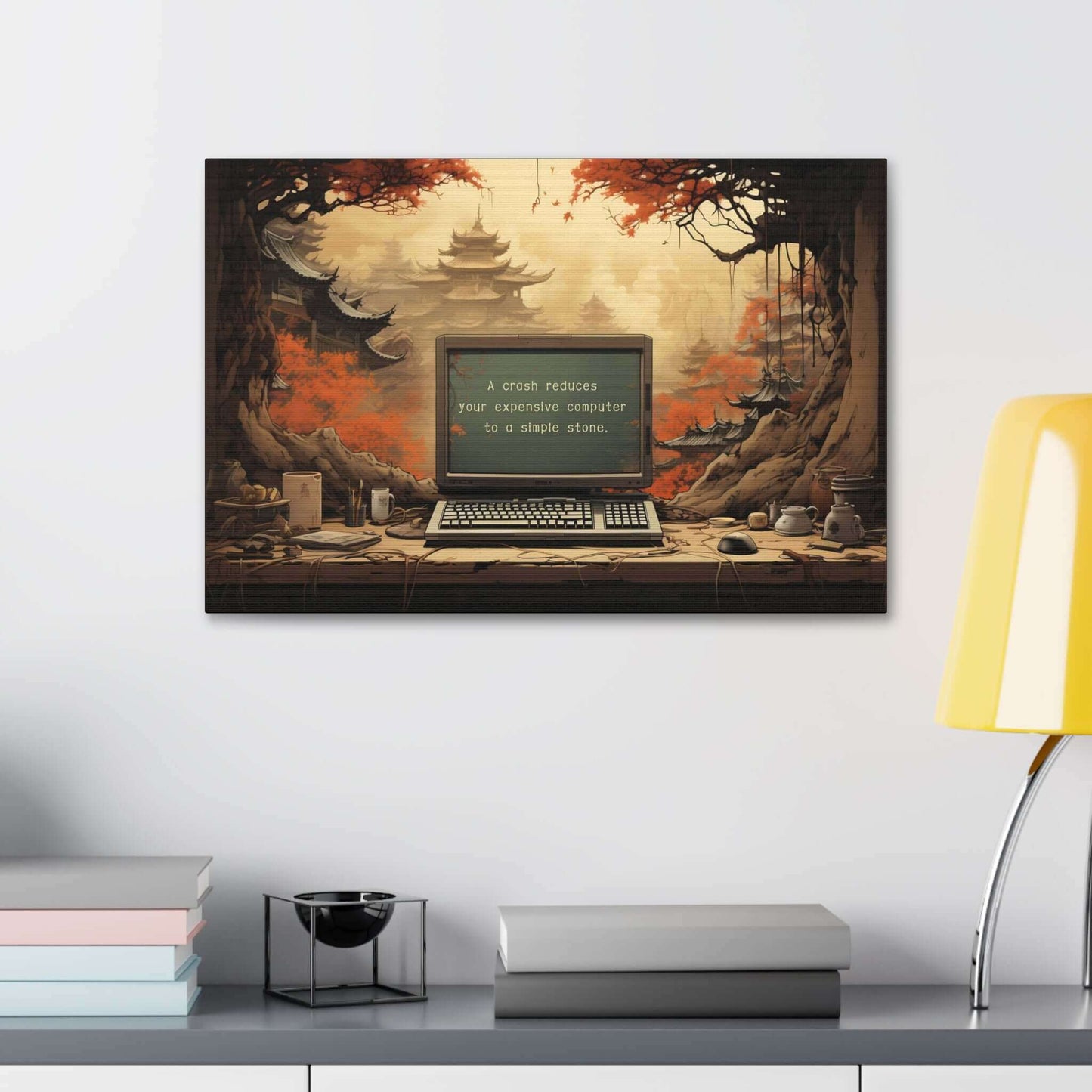 Silence after the Crash: Asian-Inspired Forest Temple Canvas Wall Art with Astute Haiku