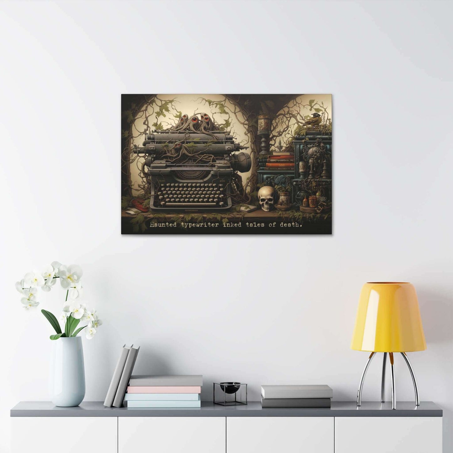 The "Tales of Death: Meticulously Detailed Gothic Typewriter Canvas Wall Art with 6-Word Story Art" by Printify showcases a spooky illustration of a haunted typewriter entwined with vines and tentacle-like objects. Haunted eyes peer from the vines, while nearby shelves hold a skull, books, and a perched raven. The words "Haunted typewriter inked Tales of Death" are written below in an eerie display of gothic art.