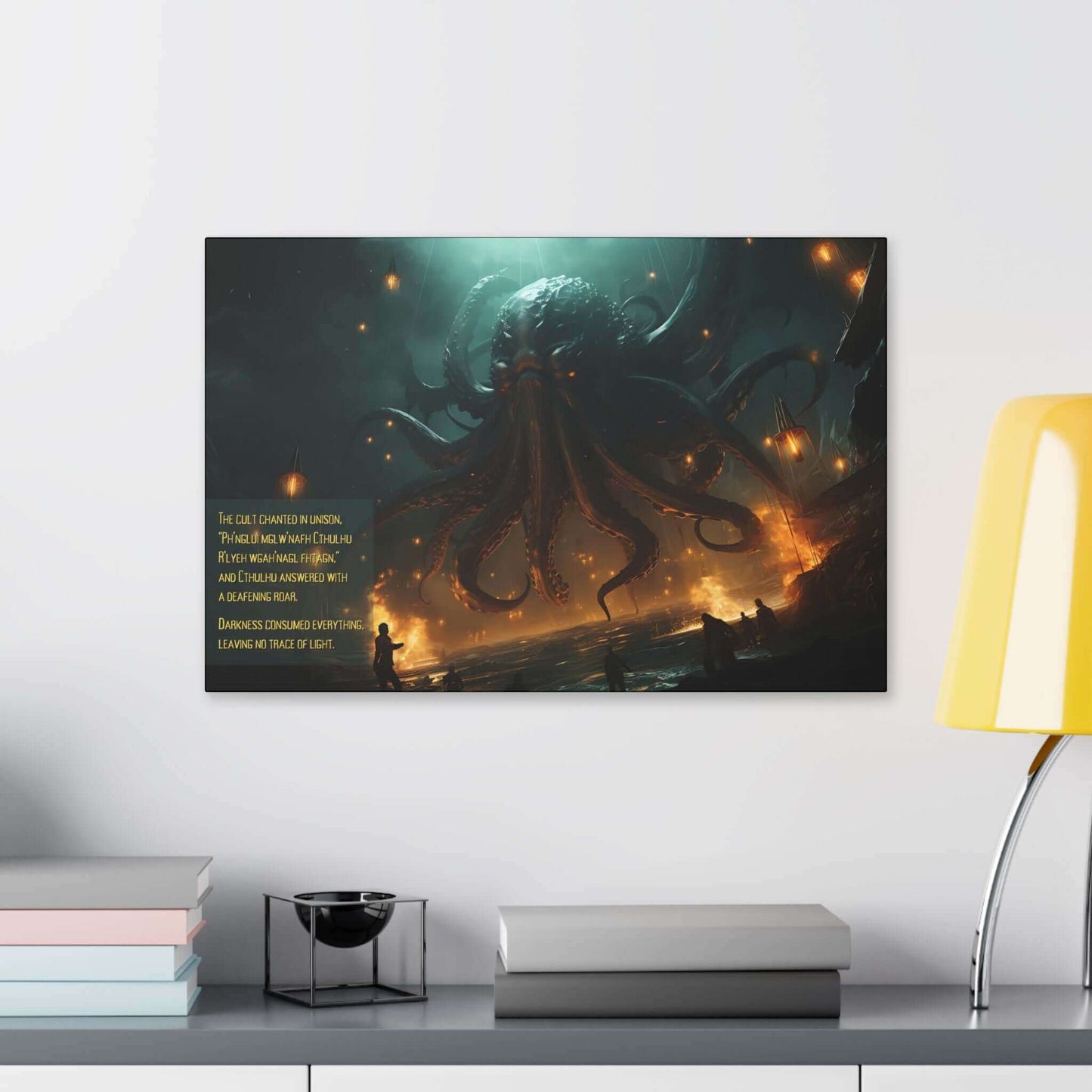 The Mesmerizing Cthulhu Canvas Wall Art by Printify illustrates a monstrous sea creature with tentacles rising from dark waters beneath glowing lanterns. Beside the creature, text reads: "The cult chanted in unison, 'Ph’nglui mglw’nafh Cthulhu R’lyeh wgah’nagl fhtagn.'" Inspired by a Lovecraftian 2-Sentence Story, Cthulhu's Awakening plunges all into cosmic horror.