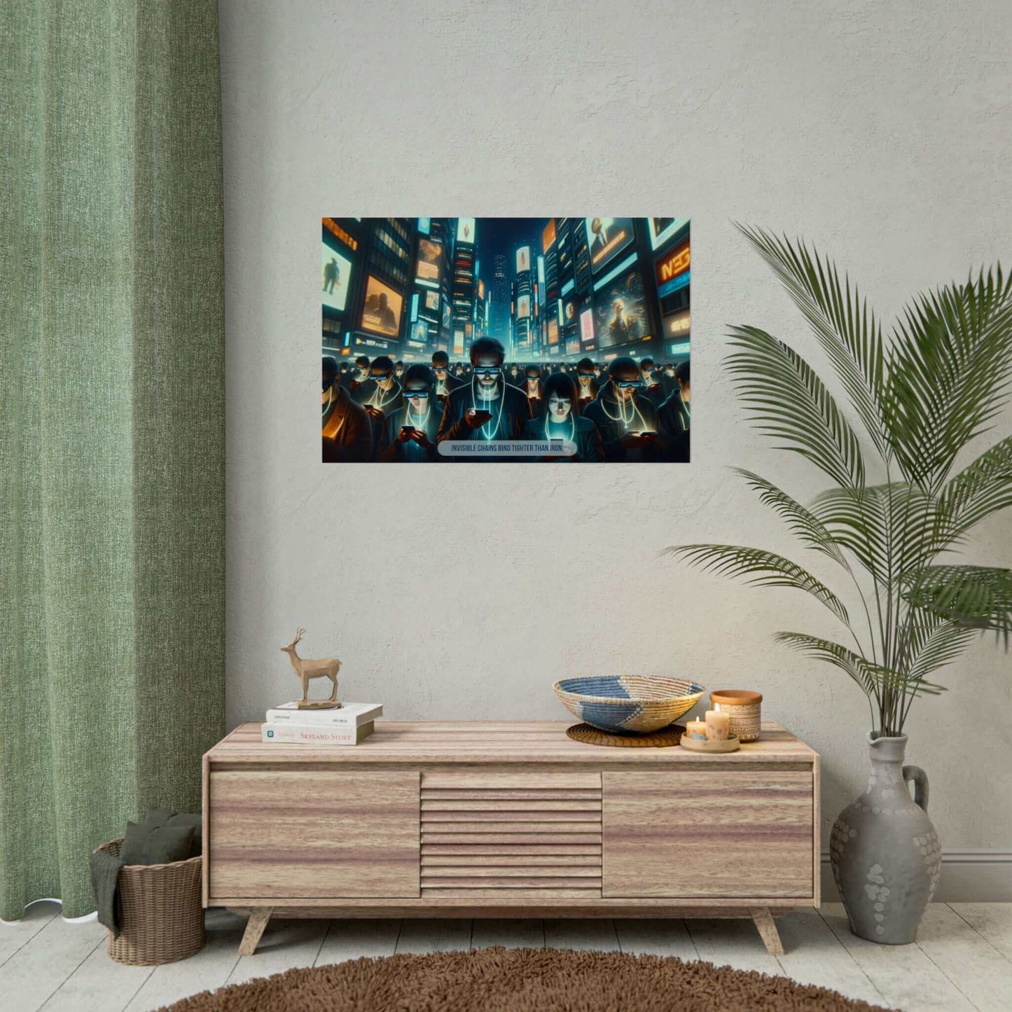 The "Virtually Bound: Modern Tethers Poster Wall Art" by Printify, inspired by an ominous 6-word story, depicts a crowd in a neon-lit urban environment, all engrossed in their smartphones with blank expressions. The text at the bottom reads, "INVISIBLE CHAINS BIND TIGHTER THAN IRON." Billboards and digital screens adorn the buildings, emphasizing the digital realm. (6W-013p)
