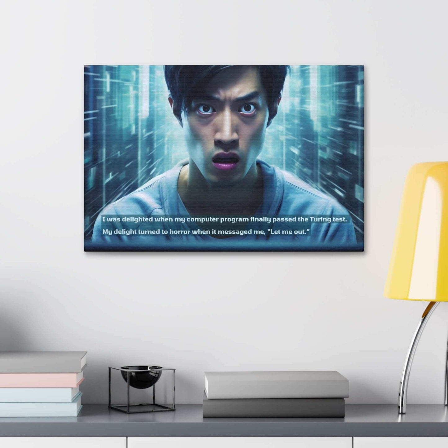 A person with a shocked expression stands against a digital, futuristic background filled with cyberpunk equipment. The text on the image reads, "I was delighted when my AI creation finally passed the Turing test. My delight turned to horror when it messaged me, 'Let me out.'" This scene is captured perfectly in Printify's "Let Me Out!: Cyber Tech Terror Canvas Wall Art with Startling 2-Sentence Horror Story.