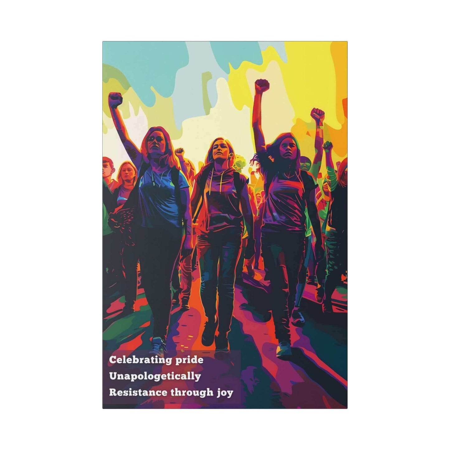 Empowering Resistance Pride Canvas Wall Art featuring a vibrant scene of individuals marching with raised fists, embodying unity and joy.