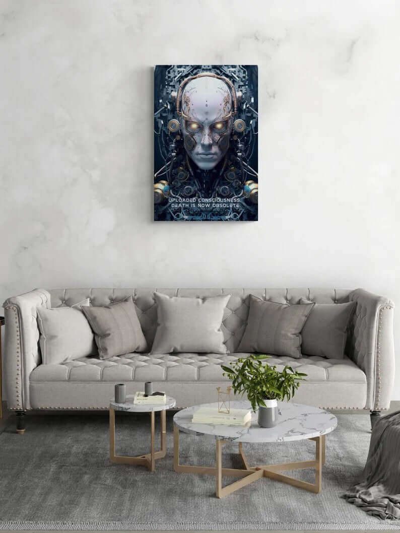 The Eternal Dawn: Hyper-Detailed Robot Wall Poster by Printify features a futuristic artwork of a humanoid robot with intricate circuitry and gears. The robot's eyes glow, surrounded by complex technological components. Text overlaid on the hyper-detailed rendering reads, "UPLOADED CONSCIOUSNESS: DEATH IS NOW OBSOLETE.