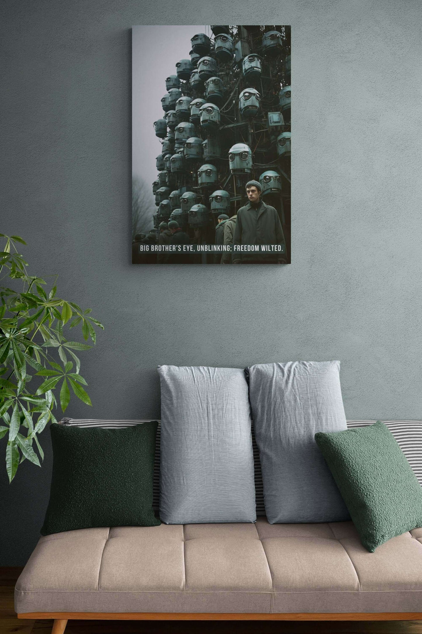 A somber man stands near a colossal structure adorned with numerous head-shaped surveillance cameras, gazing forward. The scene is moody and tense, capturing the essence of dystopian art. Text at the bottom reads, "BIG BROTHER'S EYE, UNBLINKING; FREEDOM WILTED." This is the Urban Oversight: Dystopian Big Brother Poster Wall Art with Bleak 6-Word Story by Printify.