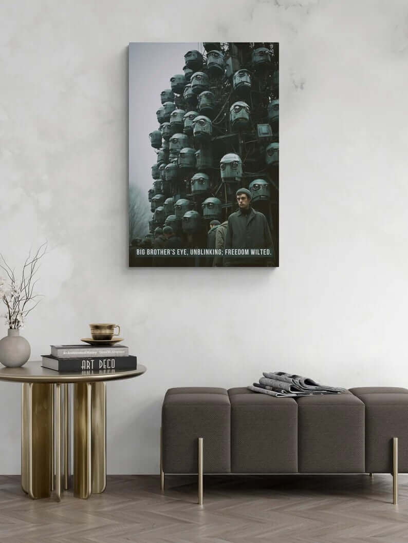 A somber man stands near a colossal structure adorned with numerous head-shaped surveillance cameras, gazing forward. The scene is moody and tense, capturing the essence of dystopian art. Text at the bottom reads, "BIG BROTHER'S EYE, UNBLINKING; FREEDOM WILTED." This is the Urban Oversight: Dystopian Big Brother Poster Wall Art with Bleak 6-Word Story by Printify.
