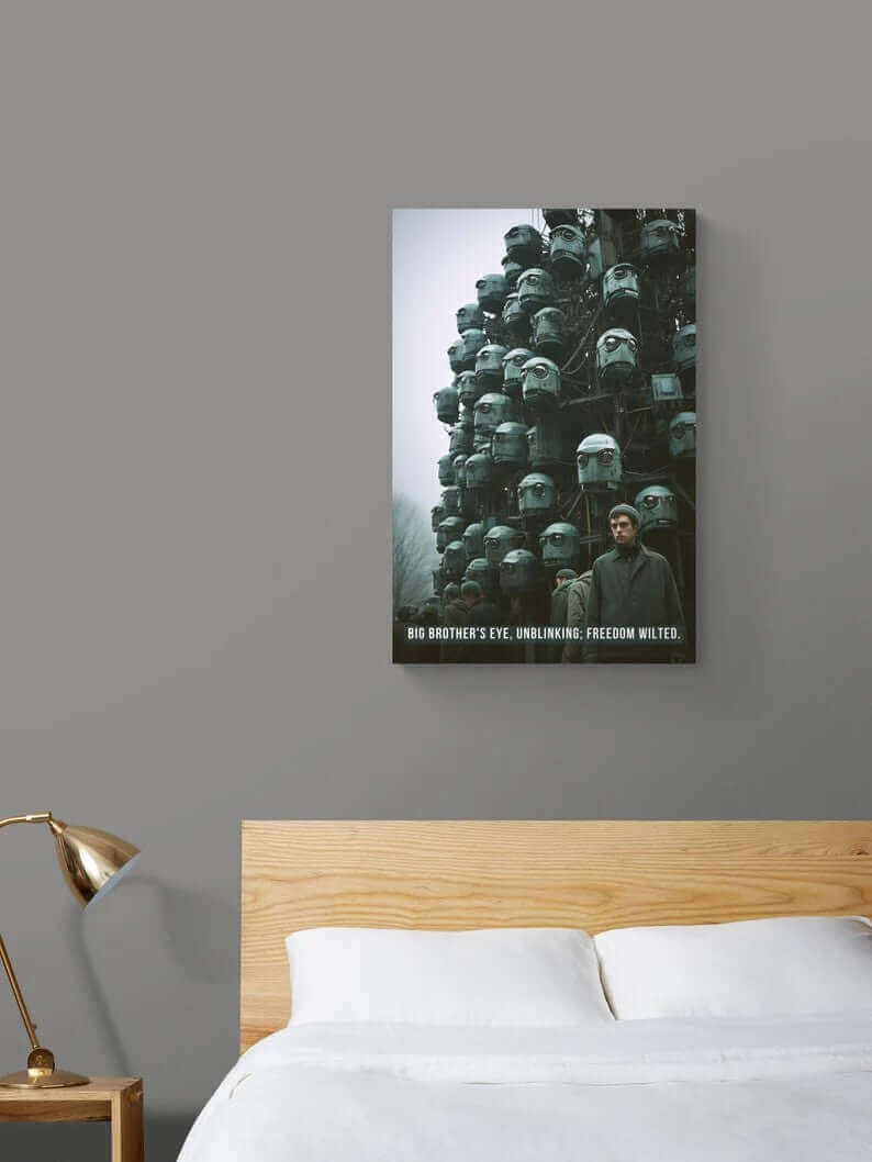 A somber man stands near a colossal structure adorned with numerous head-shaped surveillance cameras, gazing forward. The scene is moody and tense, capturing the essence of dystopian art. Text at the bottom reads, "BIG BROTHER'S EYE, UNBLINKING; FREEDOM WILTED." This is the Urban Oversight: Dystopian Big Brother Poster Wall Art with Bleak 6-Word Story by Printify.