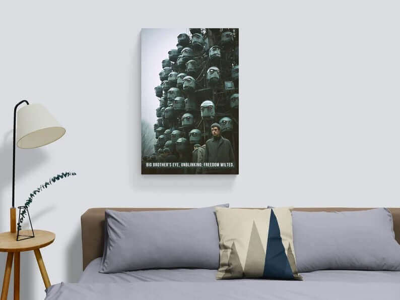 A somber man stands near a colossal structure adorned with numerous head-shaped surveillance cameras, gazing forward. The scene is moody and tense, capturing the essence of dystopian art. Text at the bottom reads, "BIG BROTHER'S EYE, UNBLINKING; FREEDOM WILTED." This is the Urban Oversight: Dystopian Big Brother Poster Wall Art with Bleak 6-Word Story by Printify.