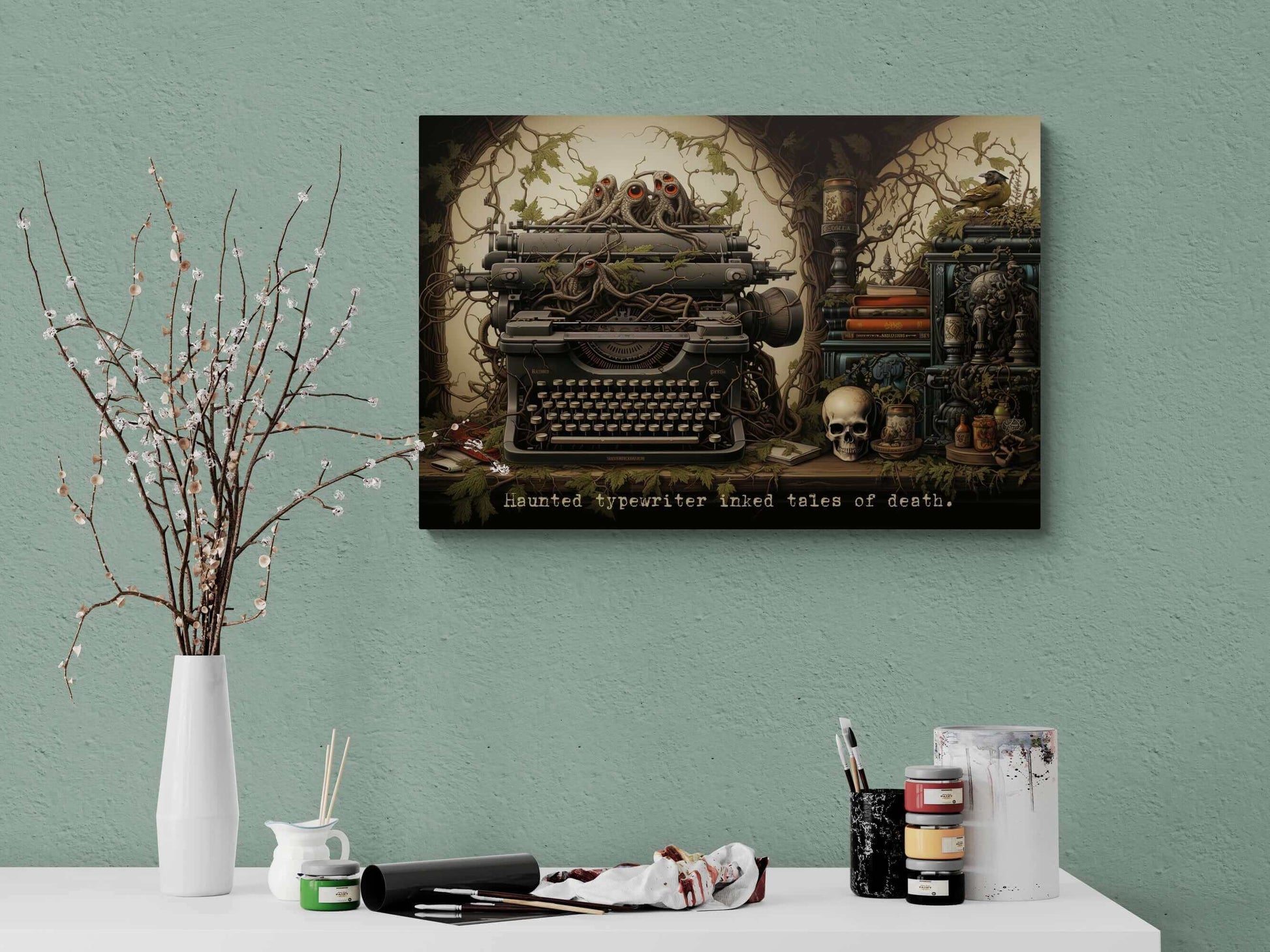 The "Tales of Death: Meticulously Detailed Gothic Typewriter Canvas Wall Art with 6-Word Story Art" by Printify showcases a spooky illustration of a haunted typewriter entwined with vines and tentacle-like objects. Haunted eyes peer from the vines, while nearby shelves hold a skull, books, and a perched raven. The words "Haunted typewriter inked Tales of Death" are written below in an eerie display of gothic art.