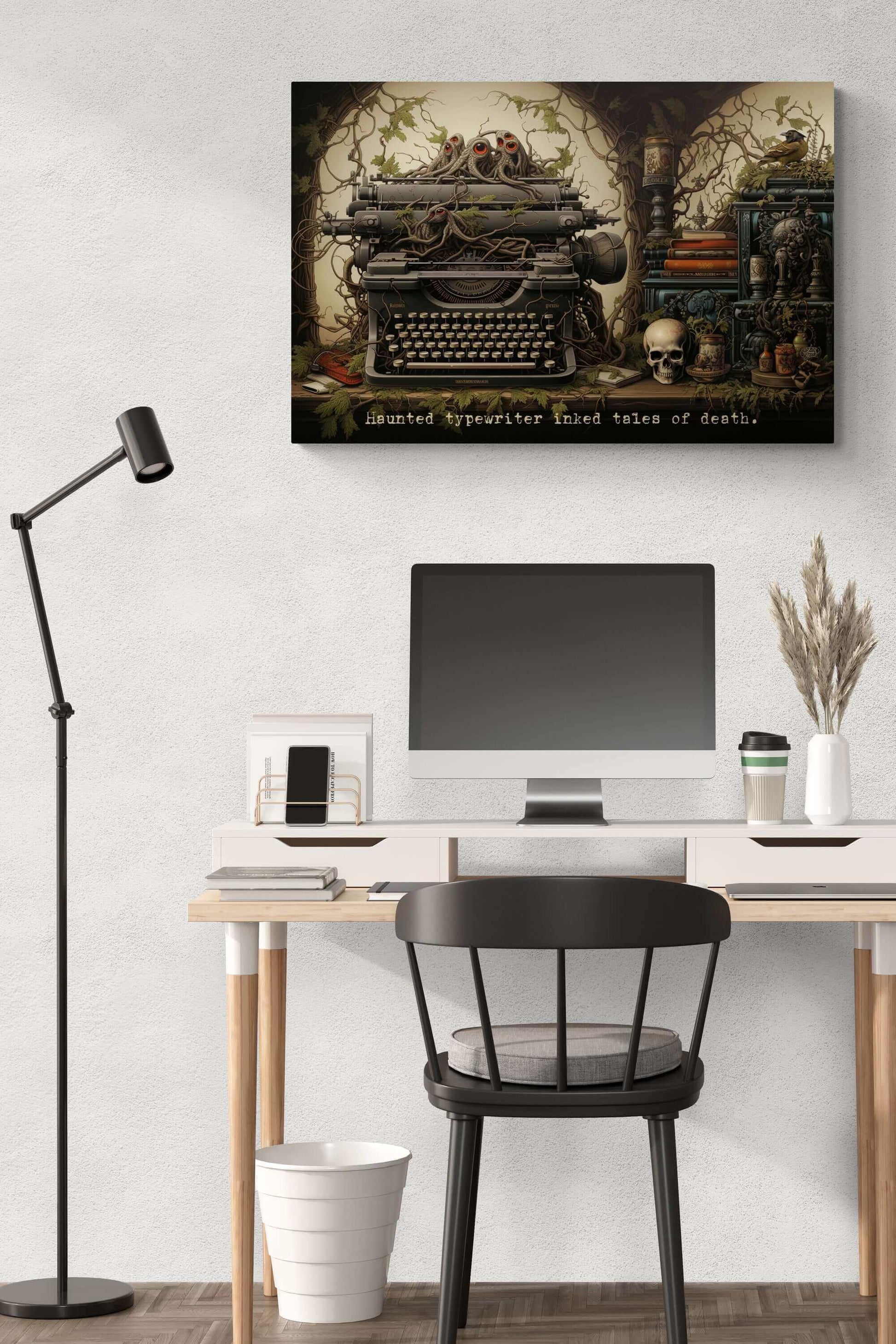 The "Tales of Death: Meticulously Detailed Gothic Typewriter Canvas Wall Art with 6-Word Story Art" by Printify showcases a spooky illustration of a haunted typewriter entwined with vines and tentacle-like objects. Haunted eyes peer from the vines, while nearby shelves hold a skull, books, and a perched raven. The words "Haunted typewriter inked Tales of Death" are written below in an eerie display of gothic art.