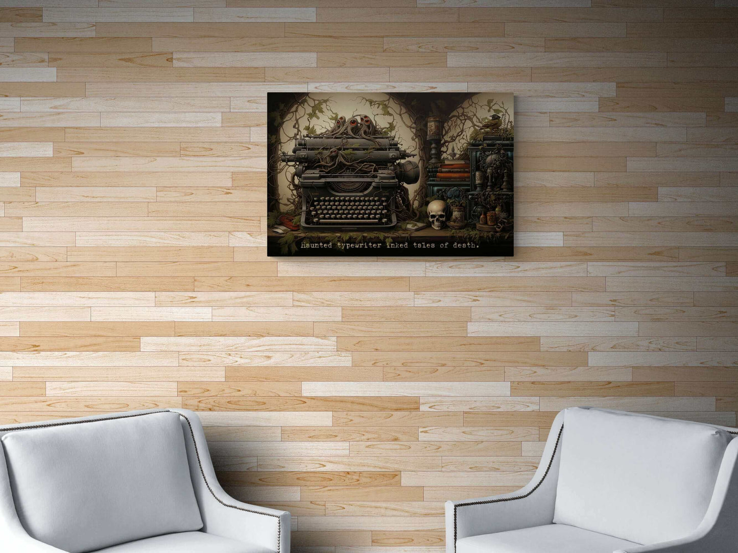 The "Tales of Death: Meticulously Detailed Gothic Typewriter Canvas Wall Art with 6-Word Story Art" by Printify showcases a spooky illustration of a haunted typewriter entwined with vines and tentacle-like objects. Haunted eyes peer from the vines, while nearby shelves hold a skull, books, and a perched raven. The words "Haunted typewriter inked Tales of Death" are written below in an eerie display of gothic art.