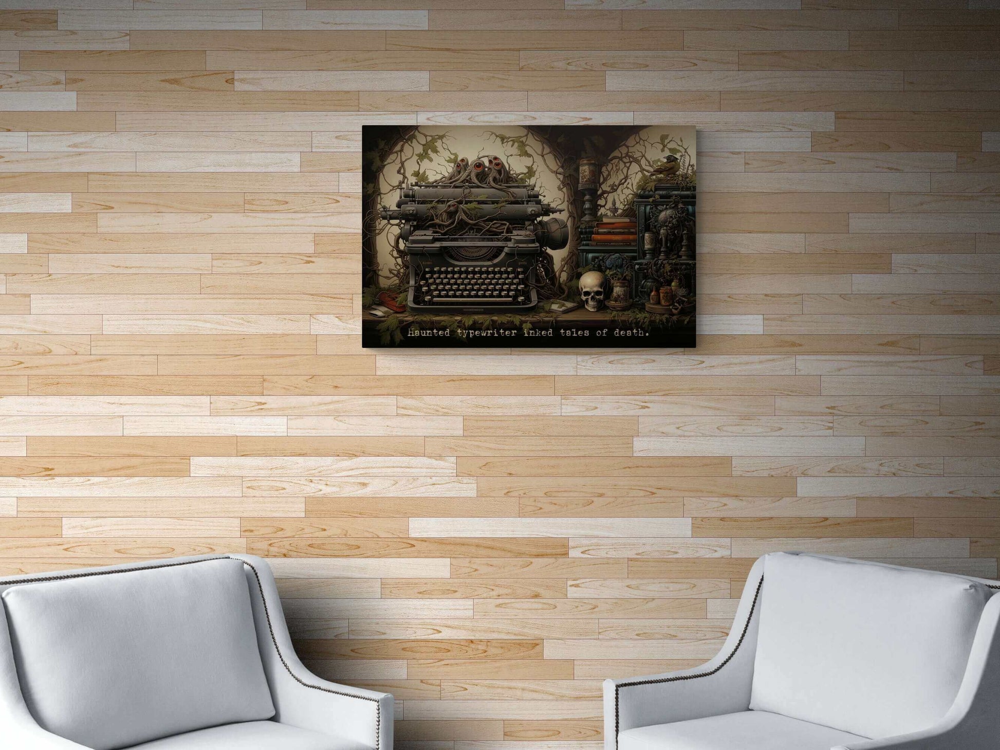 The "Tales of Death: Meticulously Detailed Gothic Typewriter Canvas Wall Art with 6-Word Story Art" by Printify showcases a spooky illustration of a haunted typewriter entwined with vines and tentacle-like objects. Haunted eyes peer from the vines, while nearby shelves hold a skull, books, and a perched raven. The words "Haunted typewriter inked Tales of Death" are written below in an eerie display of gothic art.