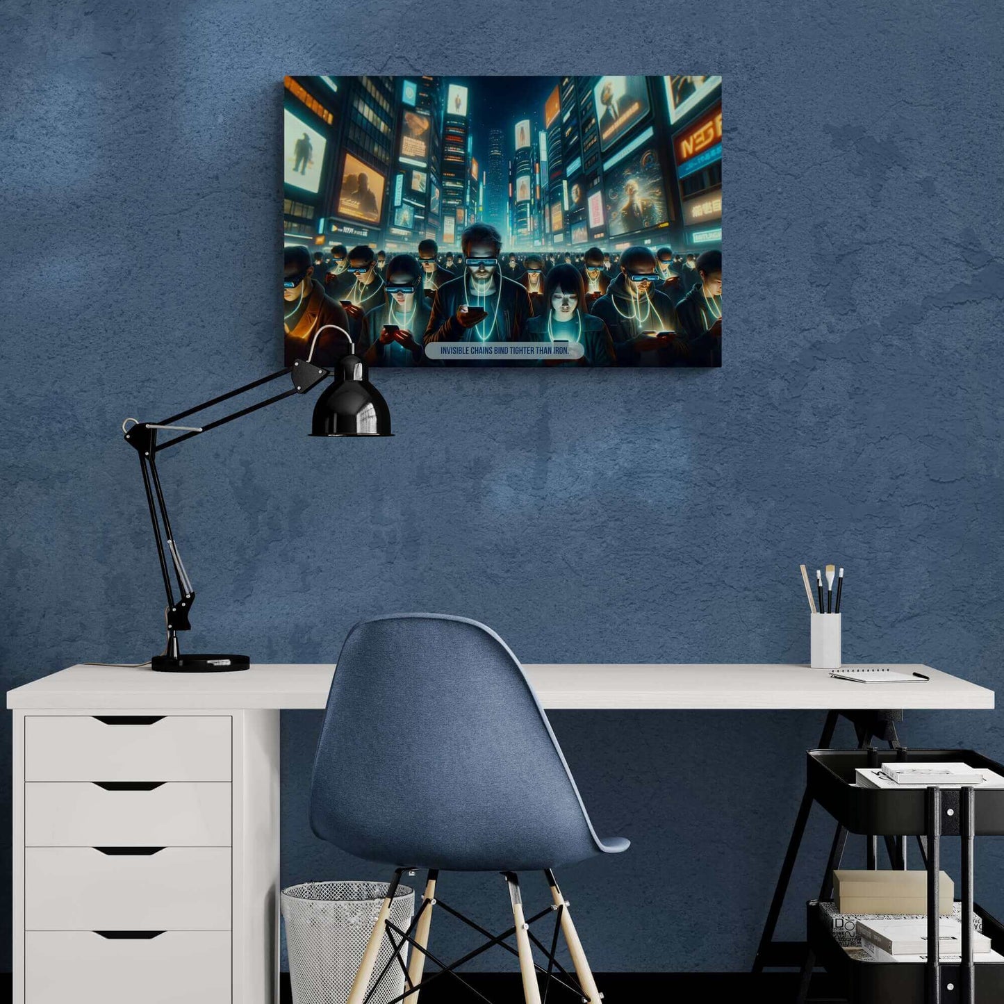 The "Virtually Bound: Modern Tethers Poster Wall Art" by Printify, inspired by an ominous 6-word story, depicts a crowd in a neon-lit urban environment, all engrossed in their smartphones with blank expressions. The text at the bottom reads, "INVISIBLE CHAINS BIND TIGHTER THAN IRON." Billboards and digital screens adorn the buildings, emphasizing the digital realm. (6W-013p)