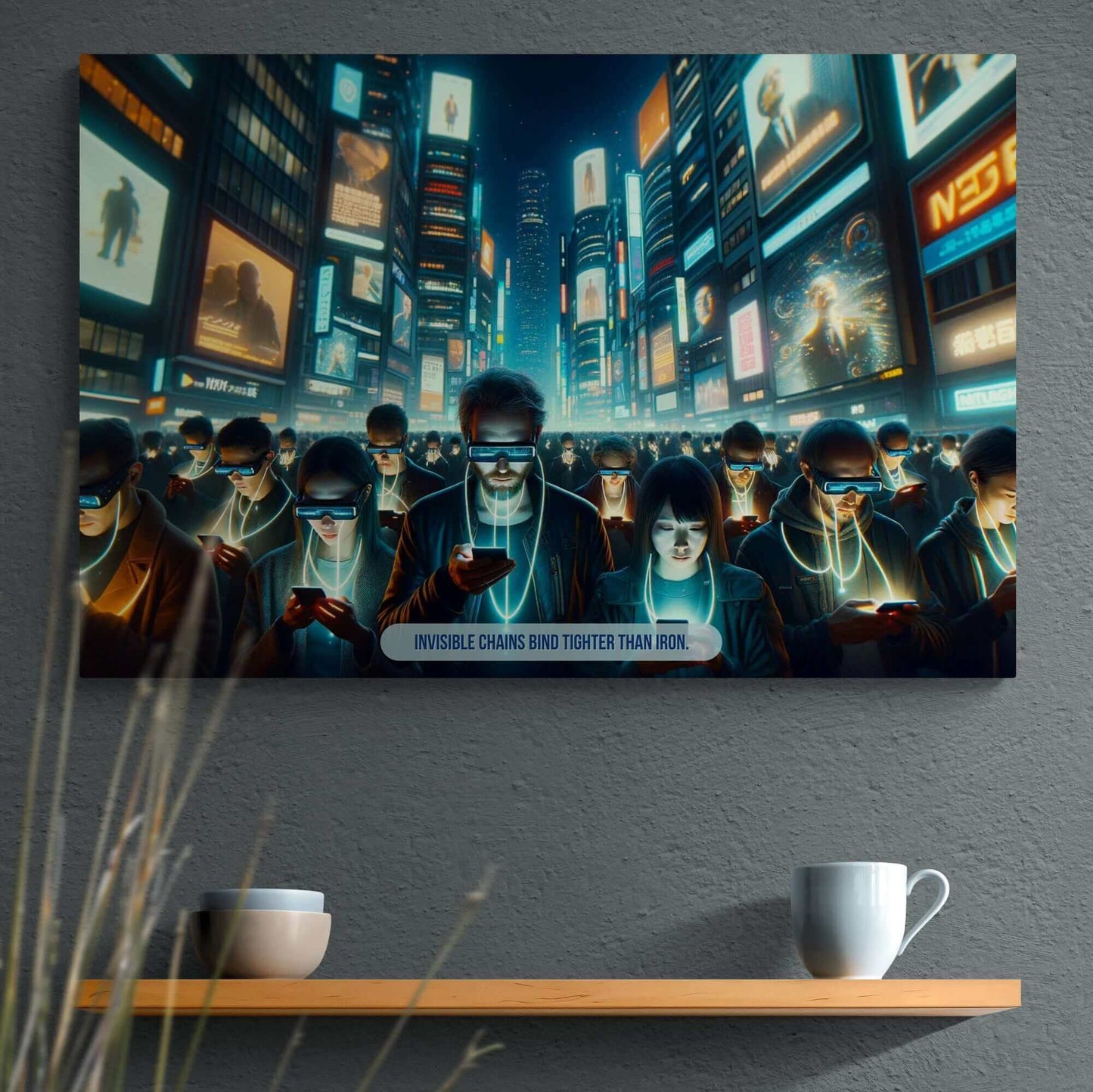 The "Virtually Bound: Modern Tethers Poster Wall Art" by Printify, inspired by an ominous 6-word story, depicts a crowd in a neon-lit urban environment, all engrossed in their smartphones with blank expressions. The text at the bottom reads, "INVISIBLE CHAINS BIND TIGHTER THAN IRON." Billboards and digital screens adorn the buildings, emphasizing the digital realm. (6W-013p)