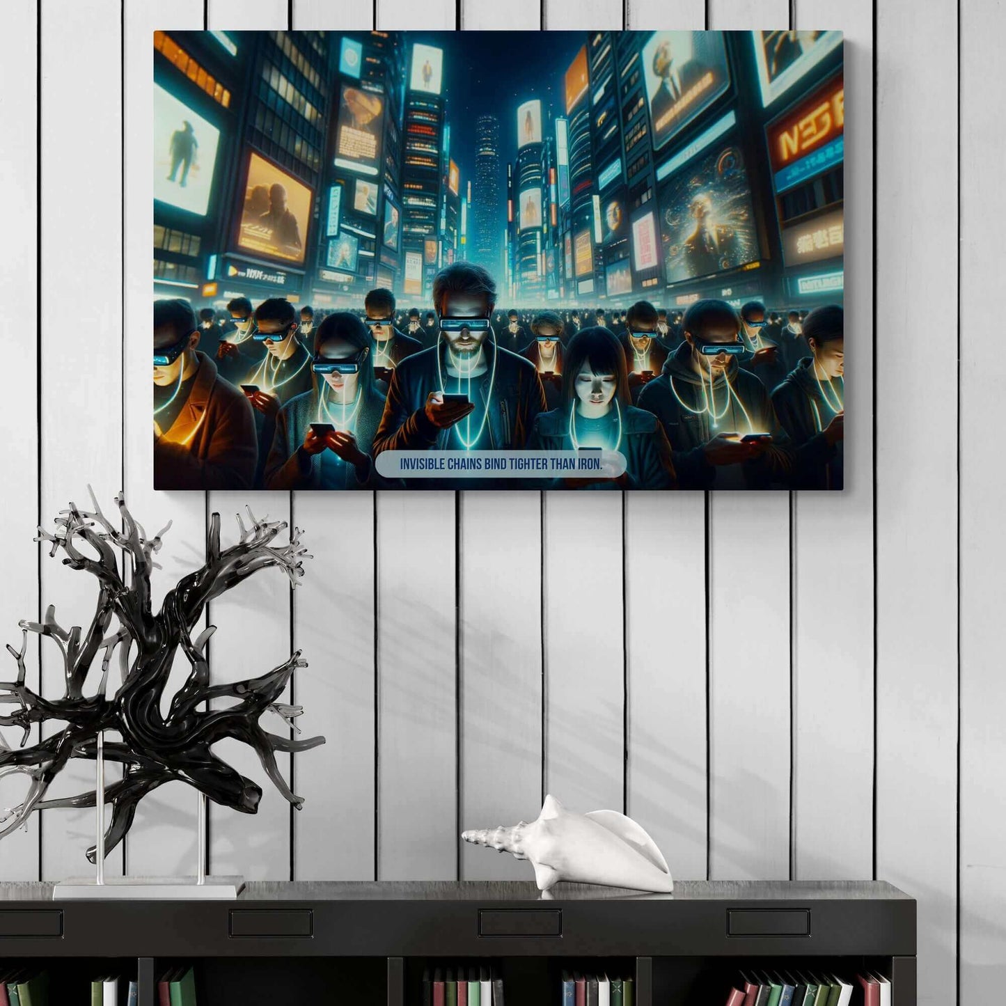 The "Virtually Bound: Modern Tethers Poster Wall Art" by Printify, inspired by an ominous 6-word story, depicts a crowd in a neon-lit urban environment, all engrossed in their smartphones with blank expressions. The text at the bottom reads, "INVISIBLE CHAINS BIND TIGHTER THAN IRON." Billboards and digital screens adorn the buildings, emphasizing the digital realm. (6W-013p)