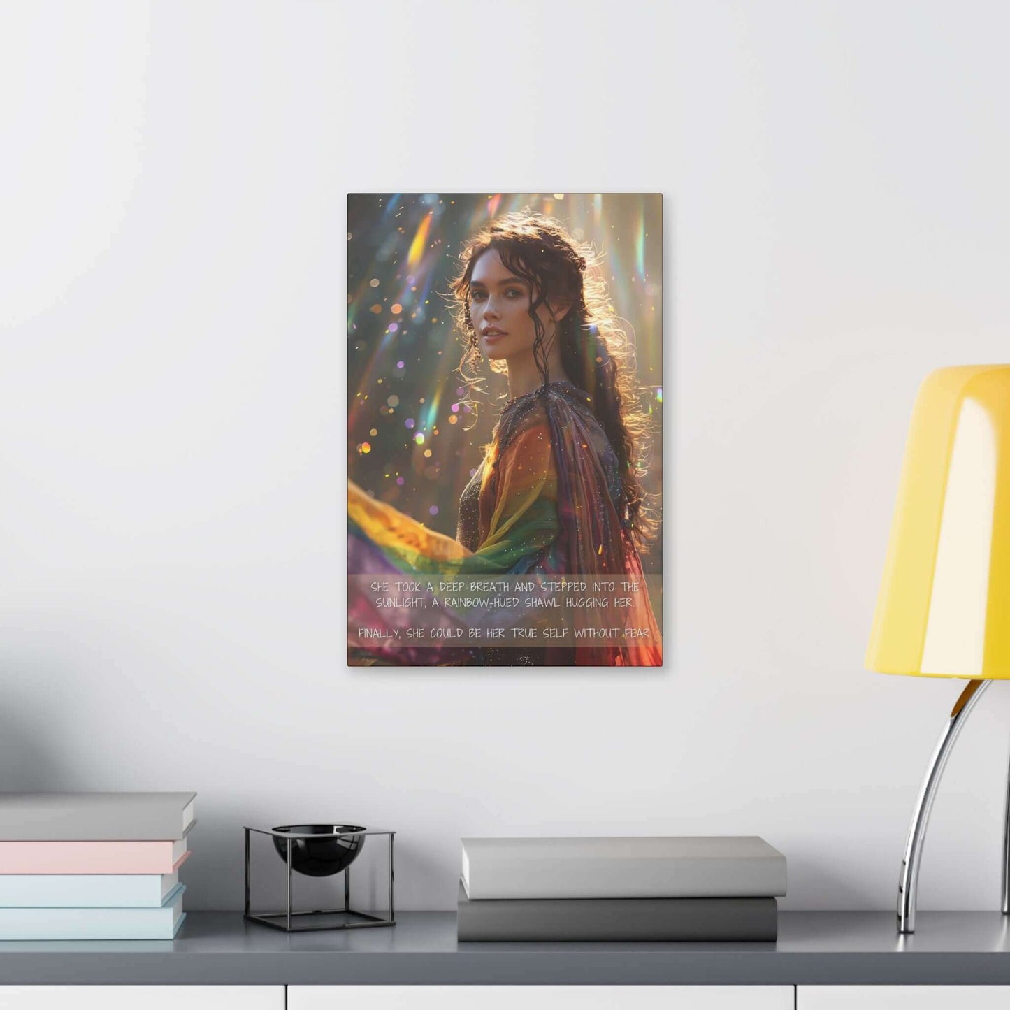 A woman stands outdoors in the sunlight, draped in a rainbow-colored shawl. Colorful light reflections surround her. Text on the image reads, "She took a deep breath and stepped into the sunlight, a rainbow-hued shawl hugging her True Colors." Finally, she could embrace self-expression without fear.
Product Data:
Product Name: True Colors: Radiant Gay Pride Canvas Wall Art | PR-2S-002c
Brand Name: Printify