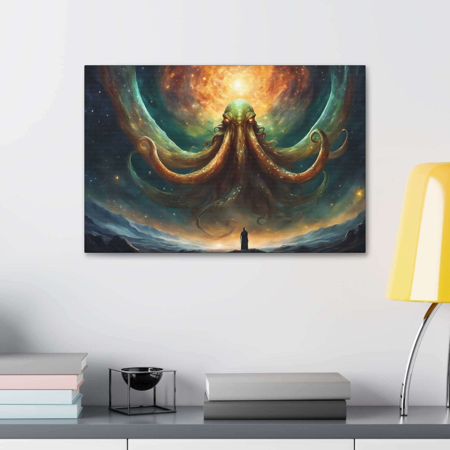 The painting "Cthulhu's Witness: Lovecraftian Night Sky Horror Canvas Wall Art" by Printify portrays a giant, mystical octopus-like creature with glowing eyes, emerging from a swirling cosmic background of vivid oranges and greens. A solitary figure stands atop a mountain, gazing up at the Lovecraftian fantasy being enveloped by a starry sky.