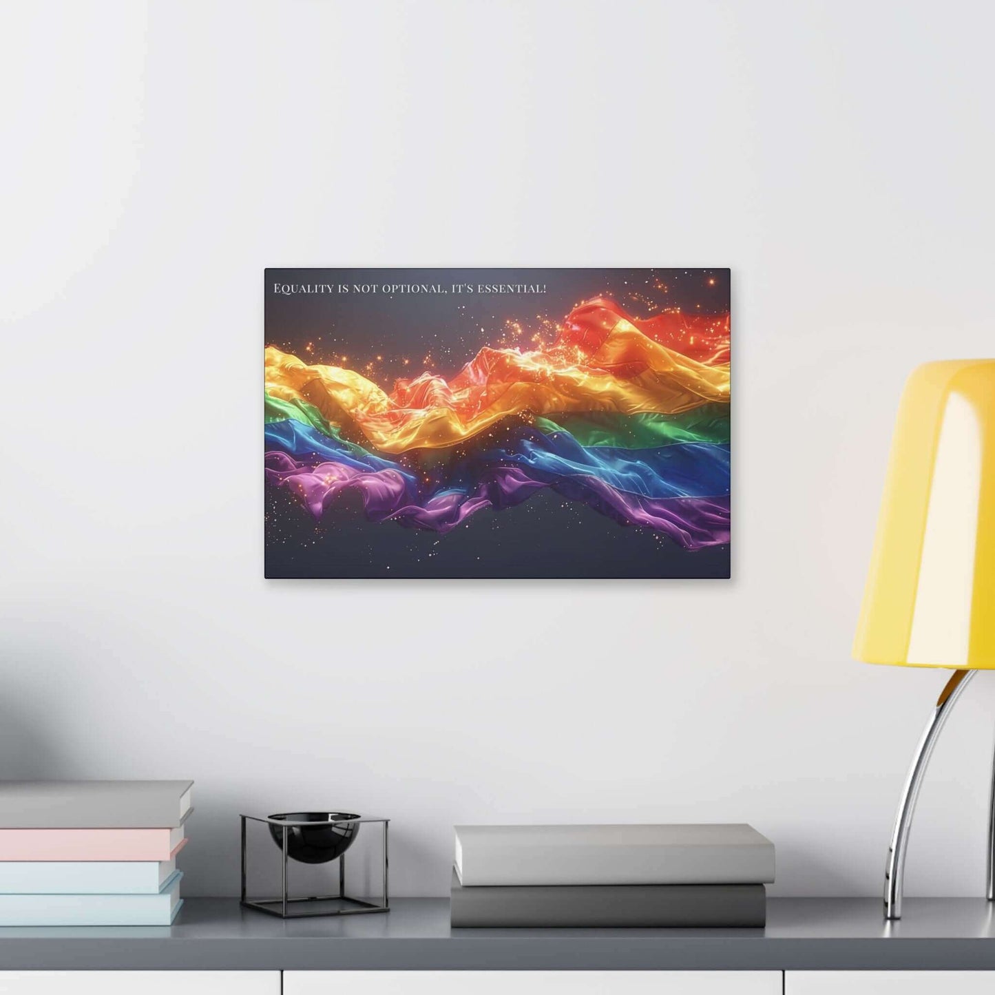 A vibrant, flowing ribbon in the colors of the rainbow, resembling the LGBTQ+ pride flag, stretches across a dark background with sparks and light effects. The "Essential Equality: Radiant Gay Pride Canvas Wall Art" by Printify features text at the top that reads, "Equality for the LGBTQ+ community is not optional, it's essential!