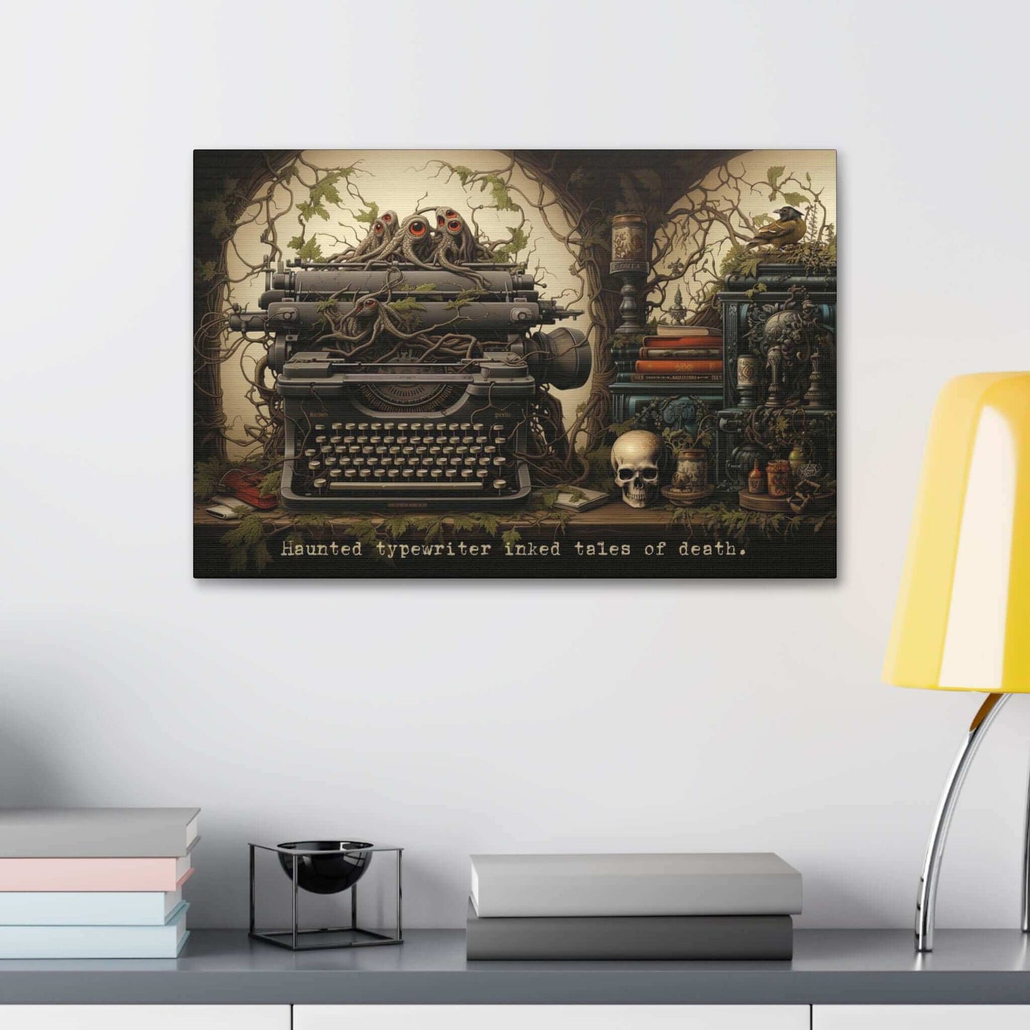 The "Tales of Death: Meticulously Detailed Gothic Typewriter Canvas Wall Art with 6-Word Story Art" by Printify showcases a spooky illustration of a haunted typewriter entwined with vines and tentacle-like objects. Haunted eyes peer from the vines, while nearby shelves hold a skull, books, and a perched raven. The words "Haunted typewriter inked Tales of Death" are written below in an eerie display of gothic art.