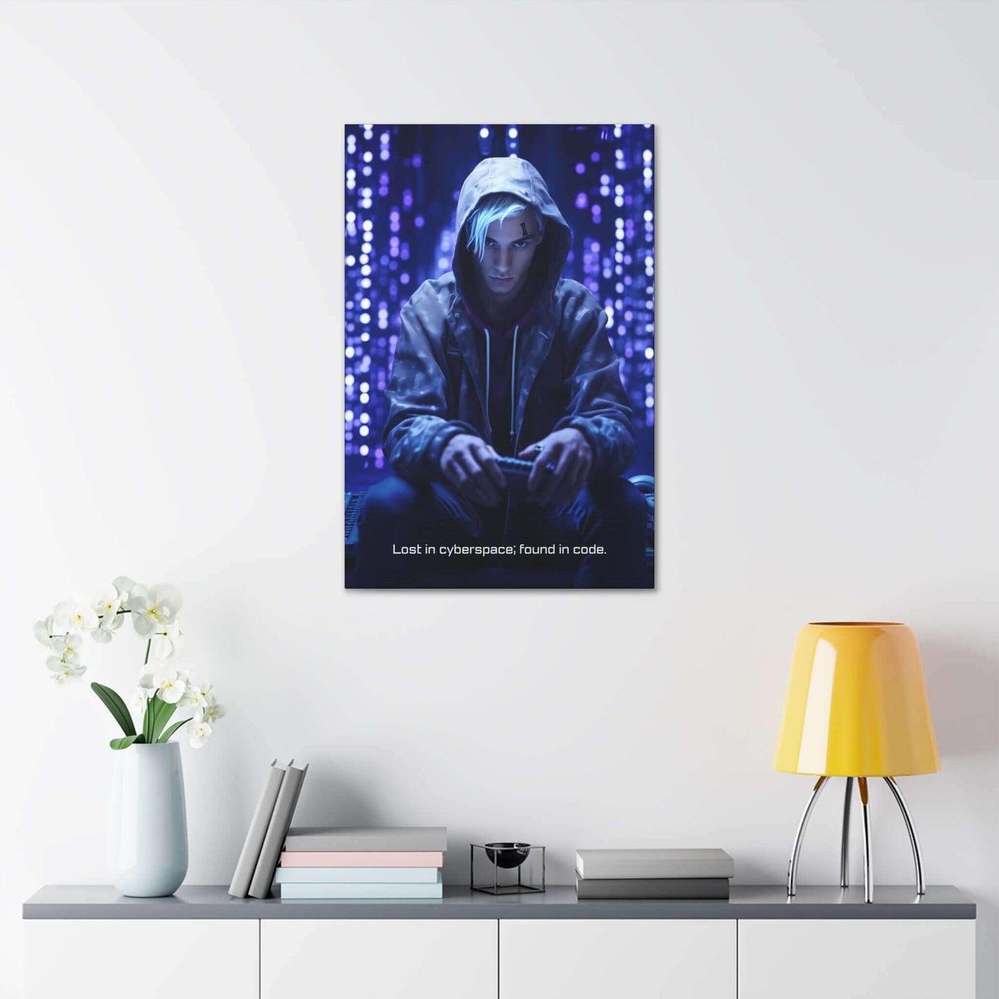 A person in a hoodie sits against a backdrop of blue and purple illuminated code, evoking cyberpunk artwork. They have light blue hair and are intensely focused on a small device they are holding. The text at the bottom reads: "Cyberspace Epiphany: Lost in cyberspace; found in code." This piece is the "Cyberspace Epiphany: Cyberpunk Canvas Wall Art with 6-Word Tech Story" by Printify.