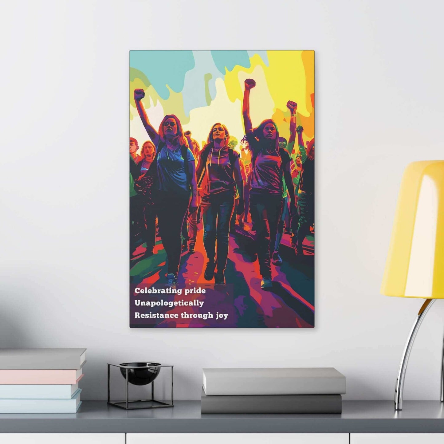 Empowering Resistance Pride Canvas Wall Art with vibrant marchers raising fists, inspired by an unapologetic haiku on unity and joy.